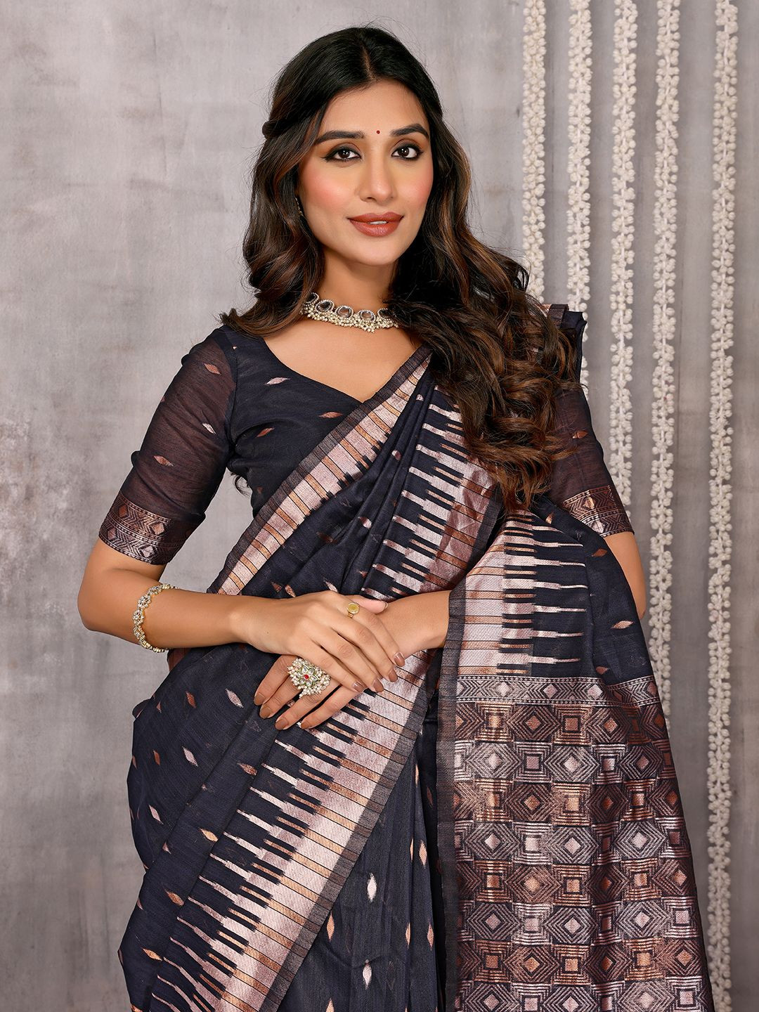 

KALINI Black Linen Blend Geometric Design Saree with Blouse Piece