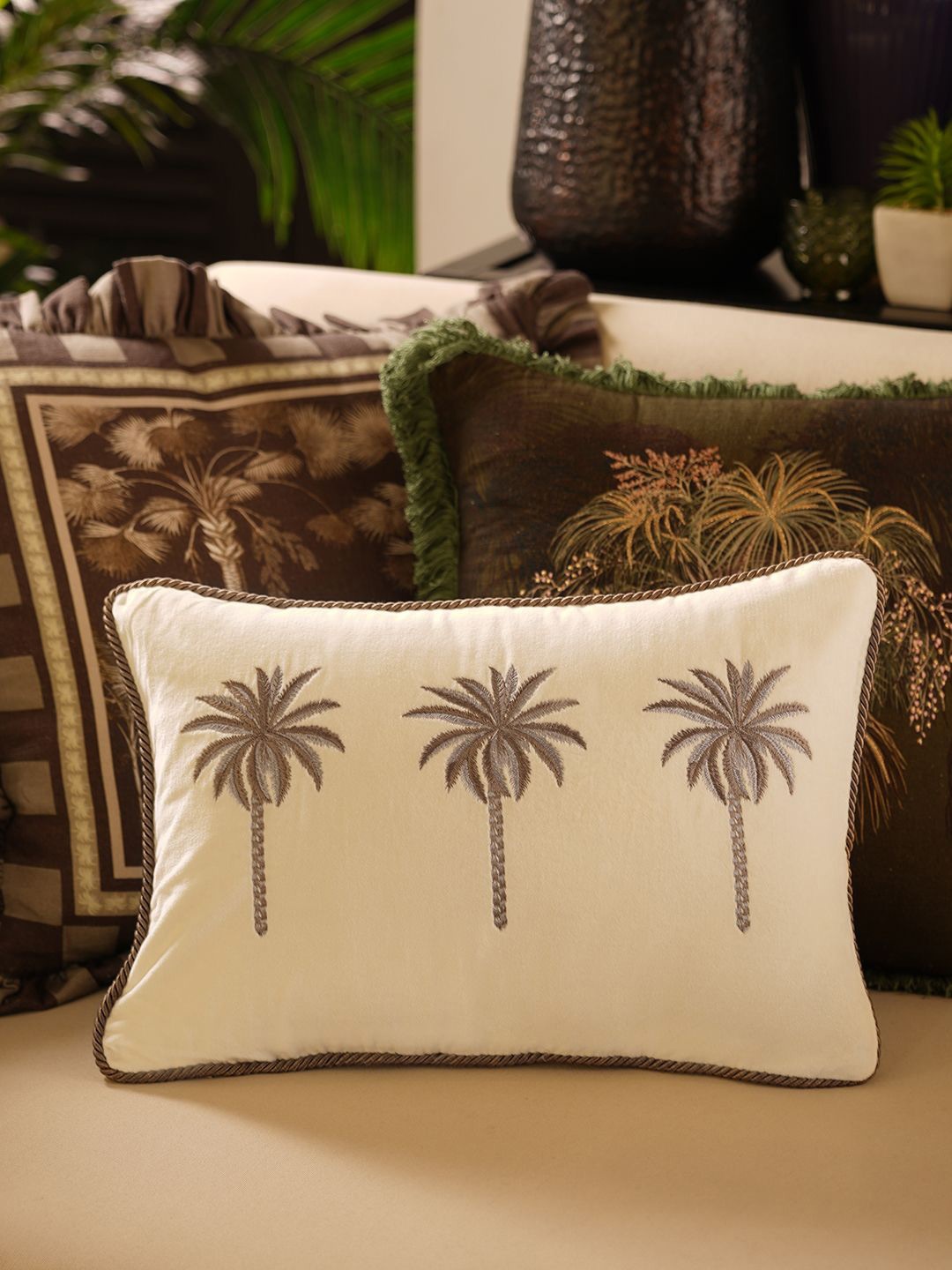 

Pure Home and Living Off White & Brown Floral Velvet Rectangle Cushion Covers