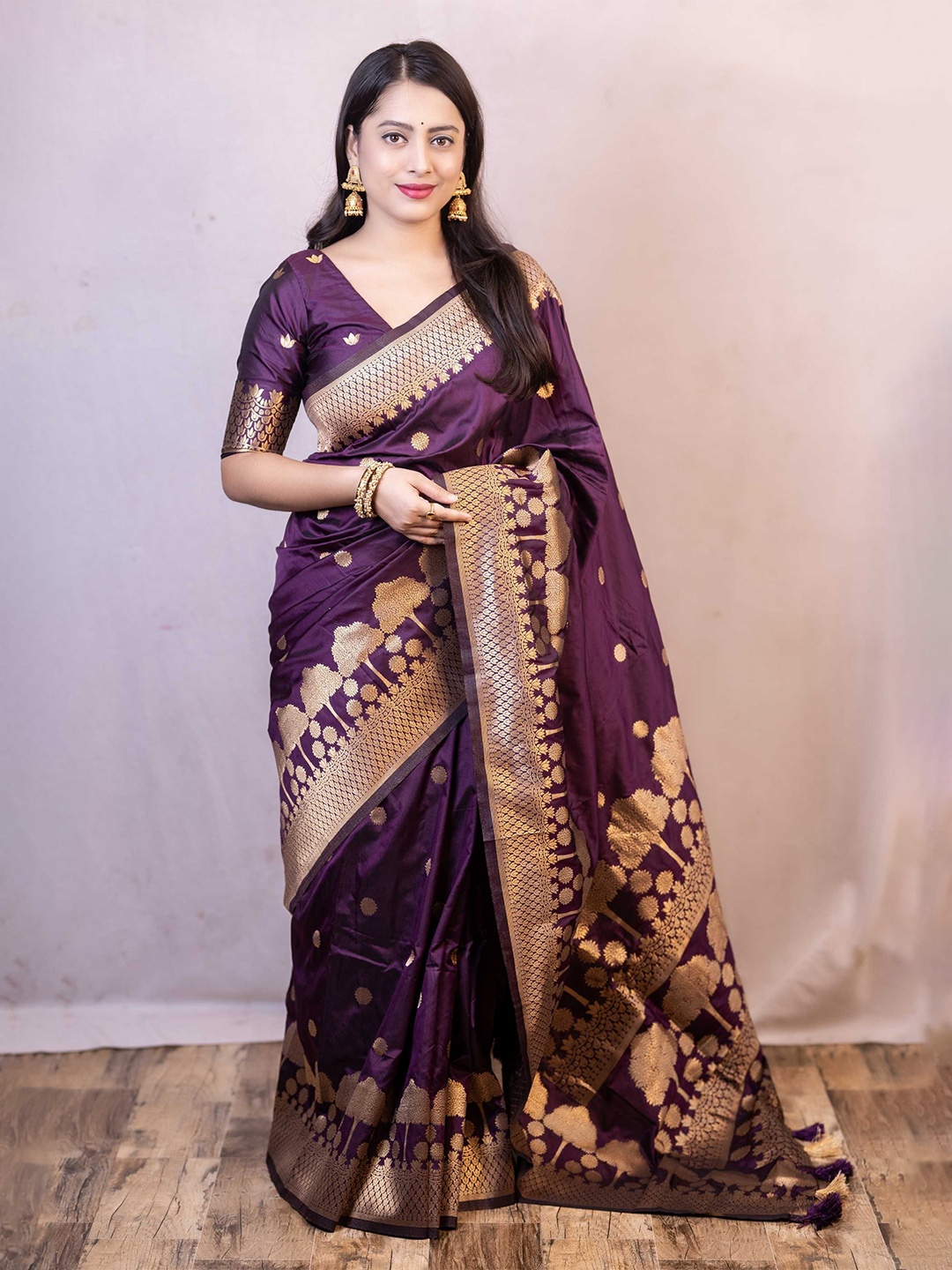 

Panzora Woven Design Zari Silk Blend Banarasi Saree, Purple