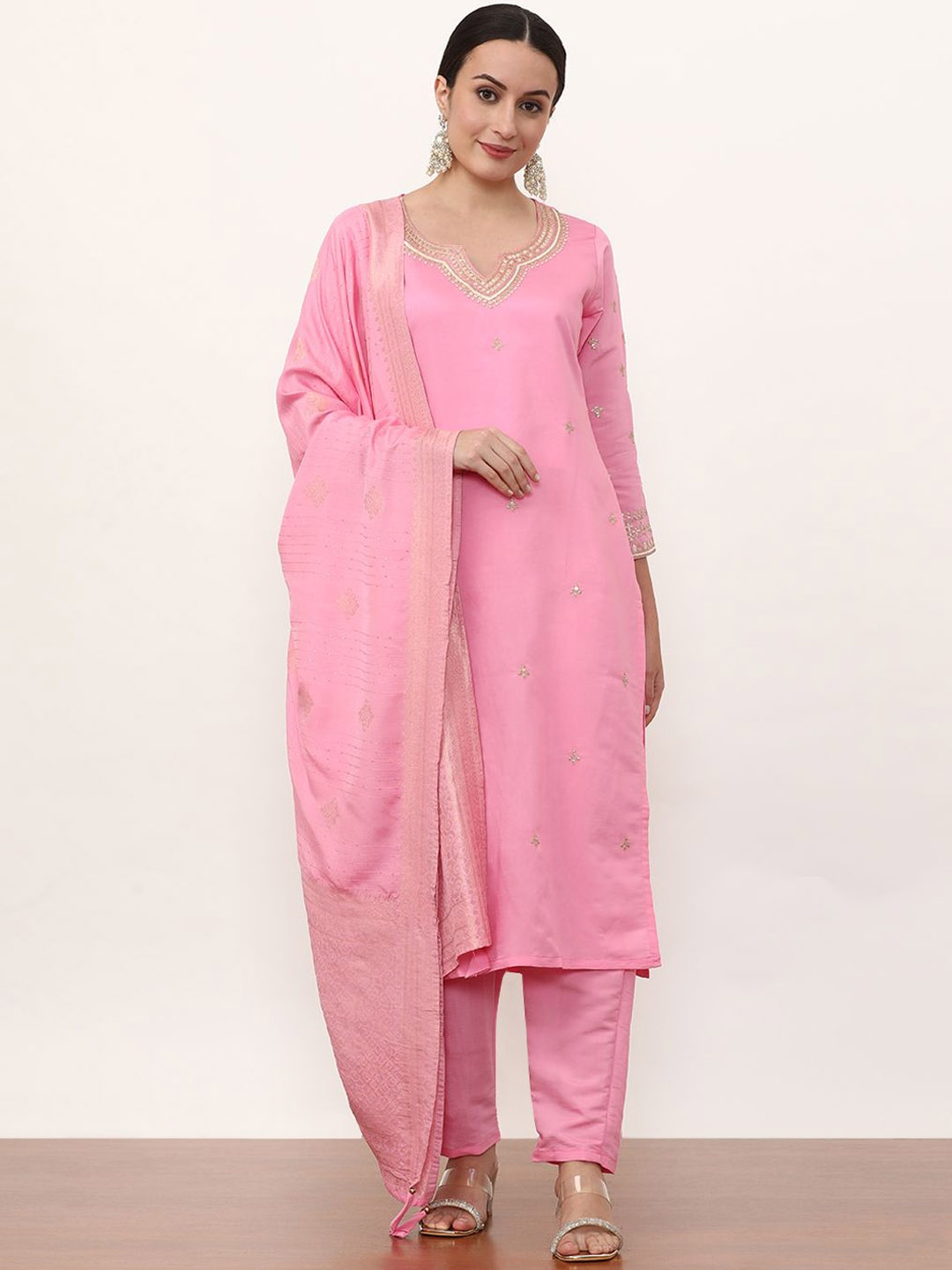 

Jaipur Kurti Women Ethnic Motifs Embroidered Regular Chanderi Silk Kurta with Trousers & With Dupatta, Pink