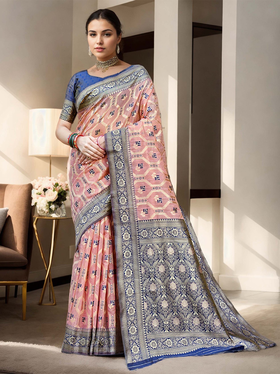 

Anouk Woven Design Zari Chanderi Saree, Pink