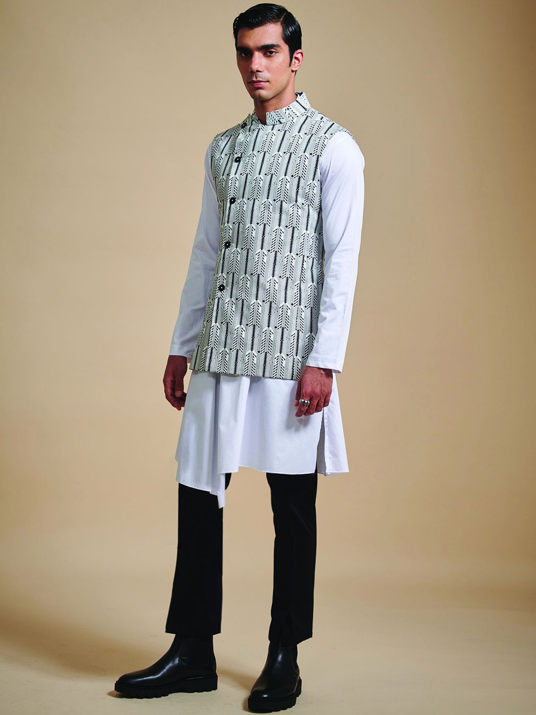 

RR Blue Printed Cotton Nehru Jacket, Black