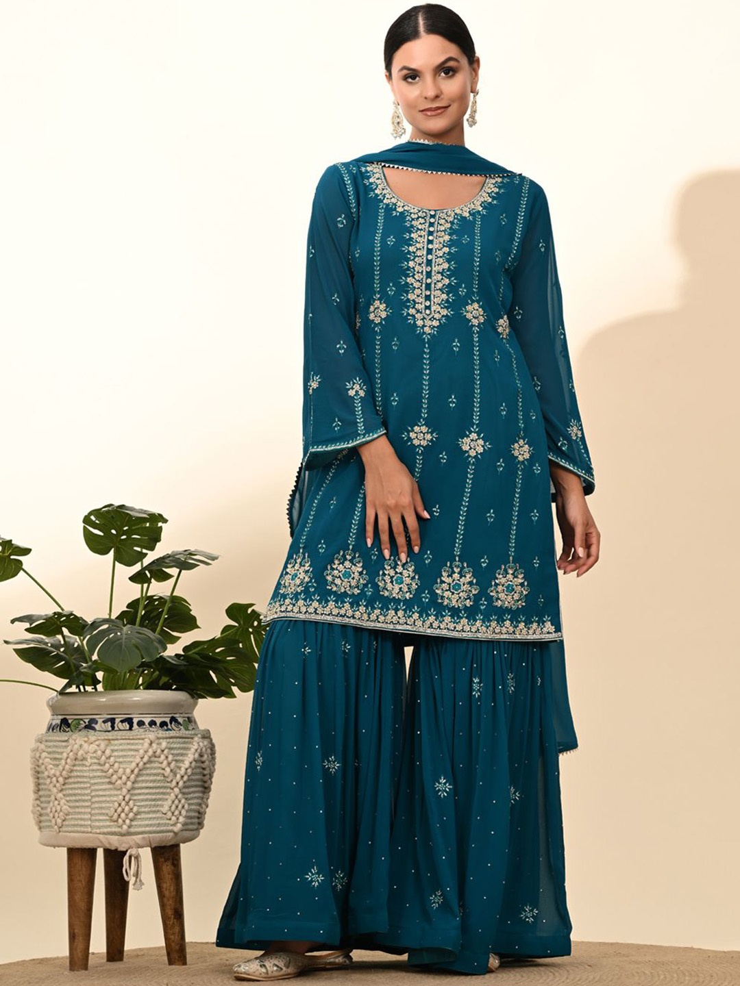 

ZARIKALI Women Ethnic Motifs Embroidered Regular Beads and Stones Kurta with Sharara & With Dupatta, Blue