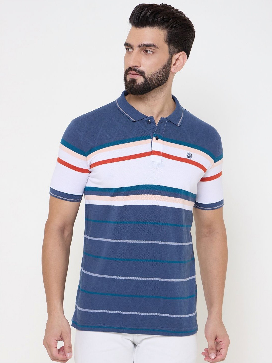 

Duke Men Striped Polo Collar Cotton T-shirt, Blue
