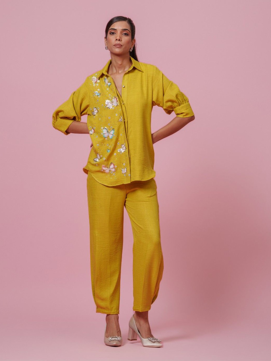 

KINA Embroidered Three-Quarter Sleeves Linen Shirt & Trousers, Yellow