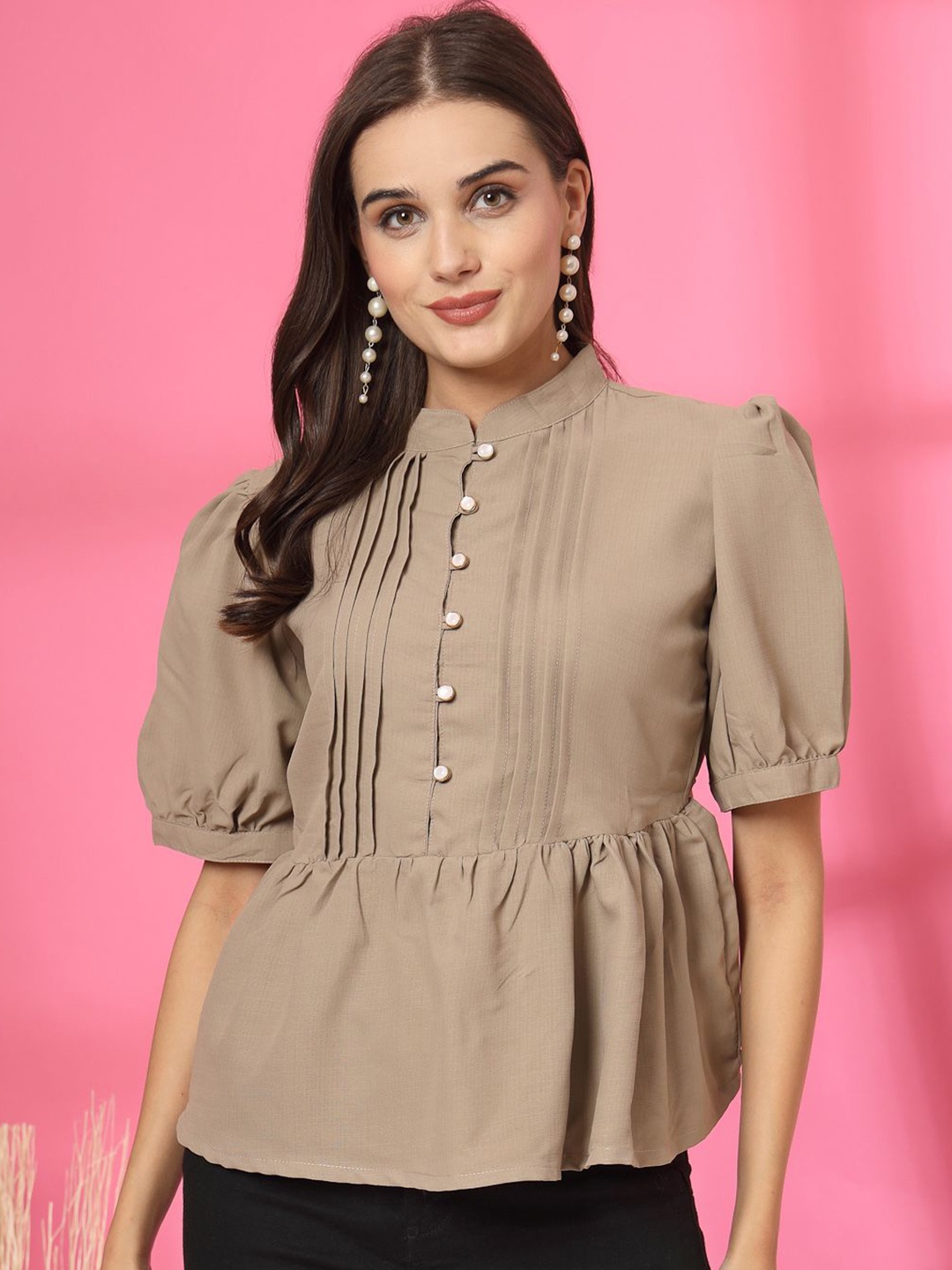 

plusS Women Mandarin Collar Cotton Peplum Top, Beige