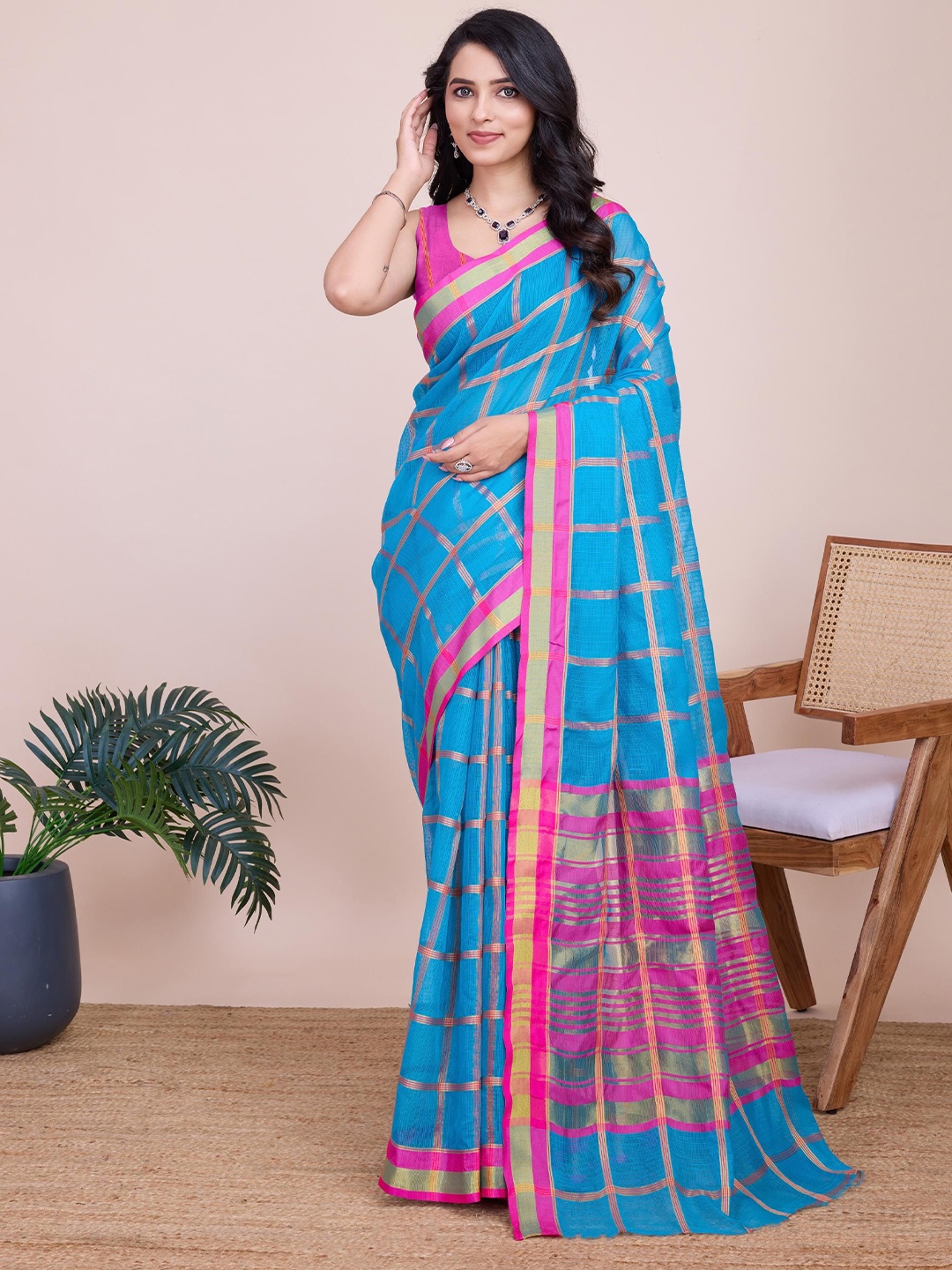 

Kalista Checked Zari Saree, Turquoise blue