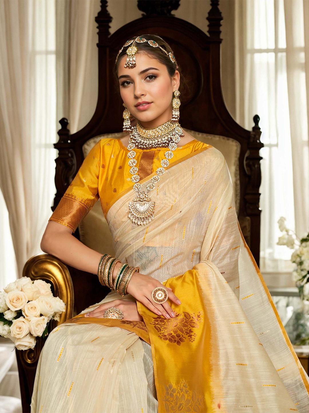 

Anouk Woven Design Zari Chanderi Saree, Cream
