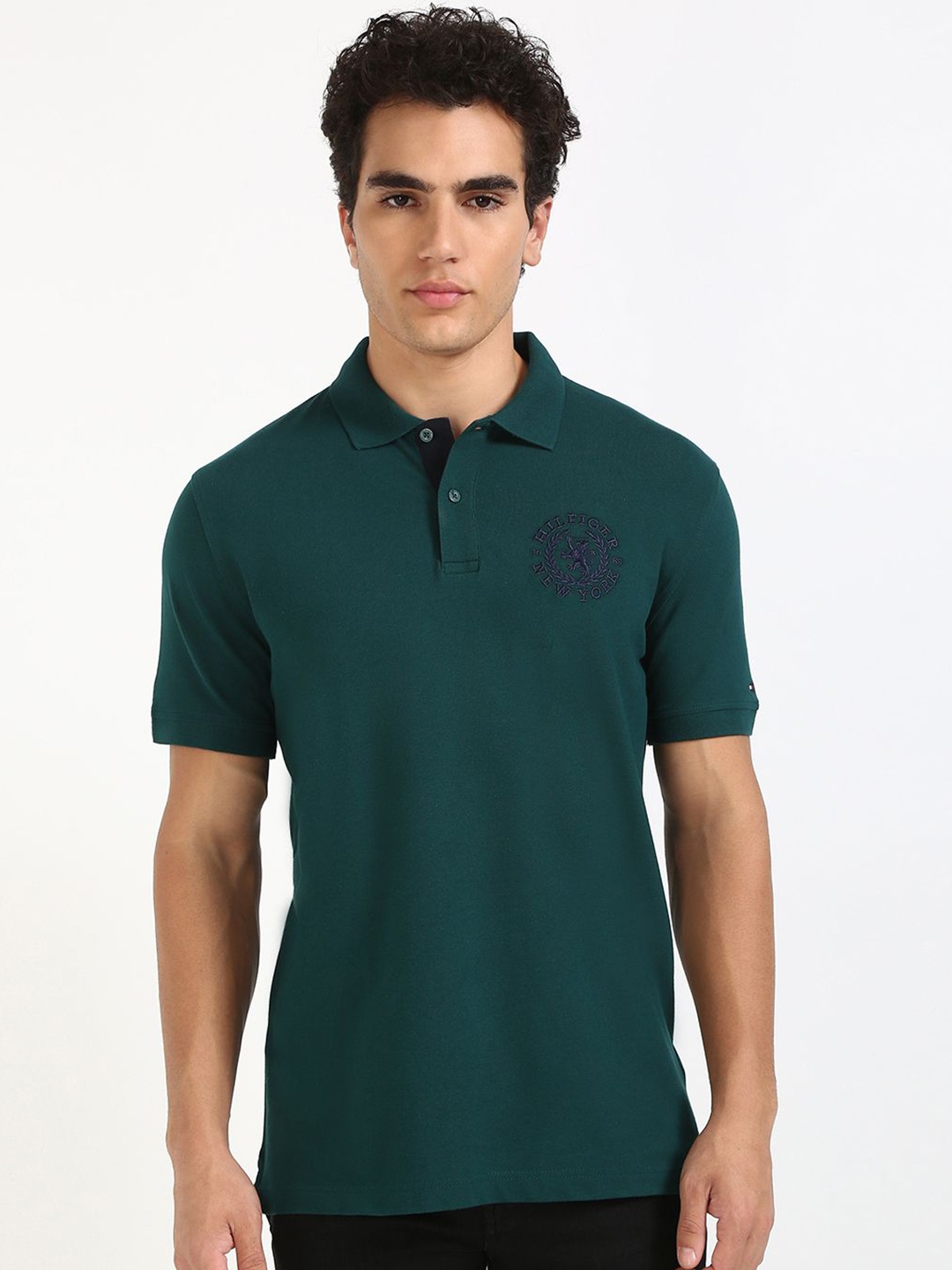 

Tommy Hilfiger Men fashion Polo Collar Varsity Embroidered Cotton Casual T-shirt, Green