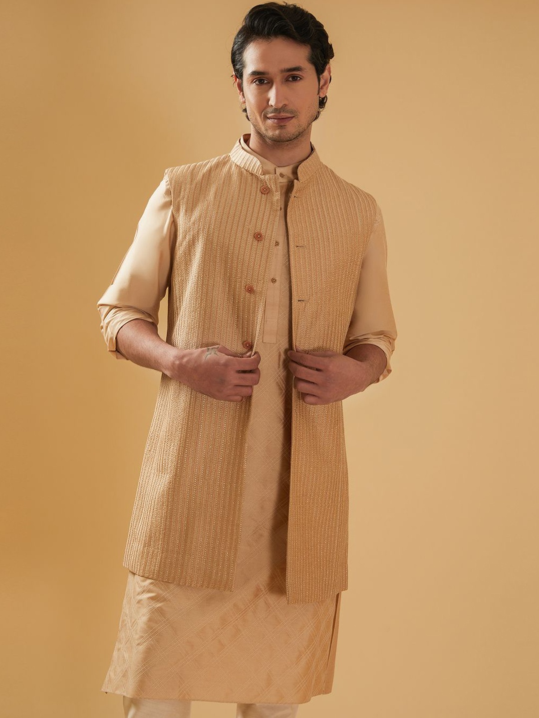 

RR Blue Embroidered Mandarin Collar Longline Raw Silk Nehru Jacket, Beige