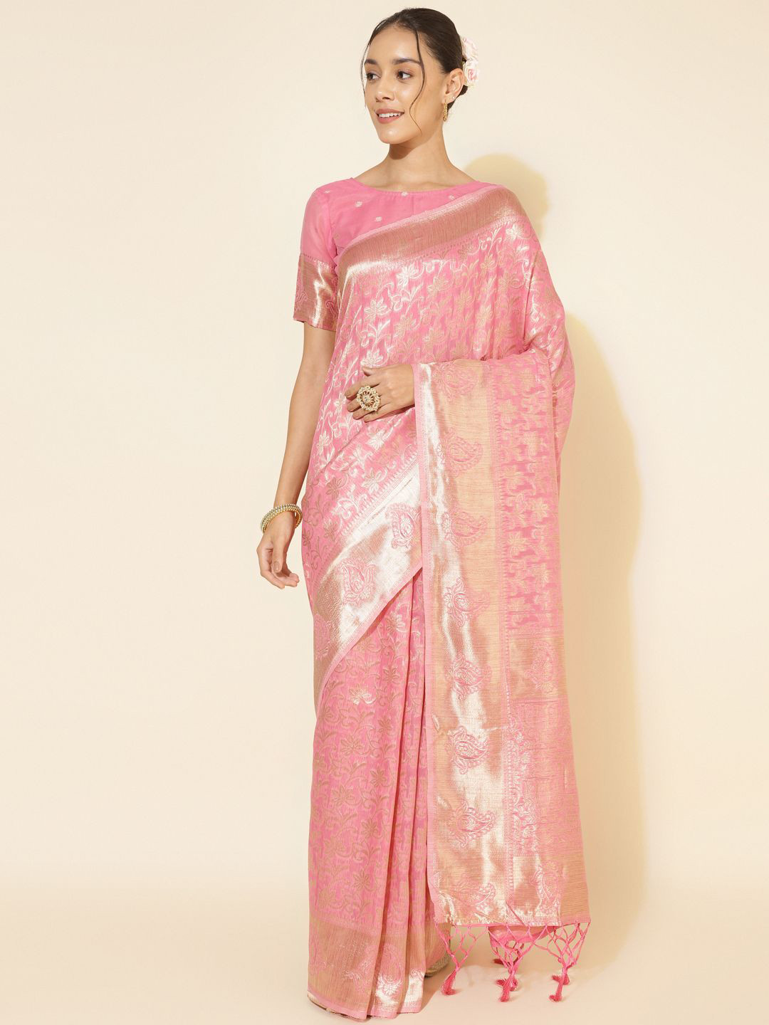 

KALINI Floral Zari Silk Blend Ready to Wear Saree, Pink