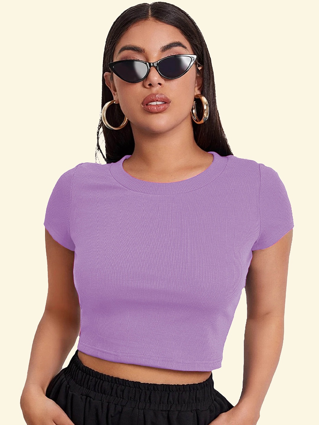 

Swaranjali Women Round Neck Fitted Crop Top, Lavender