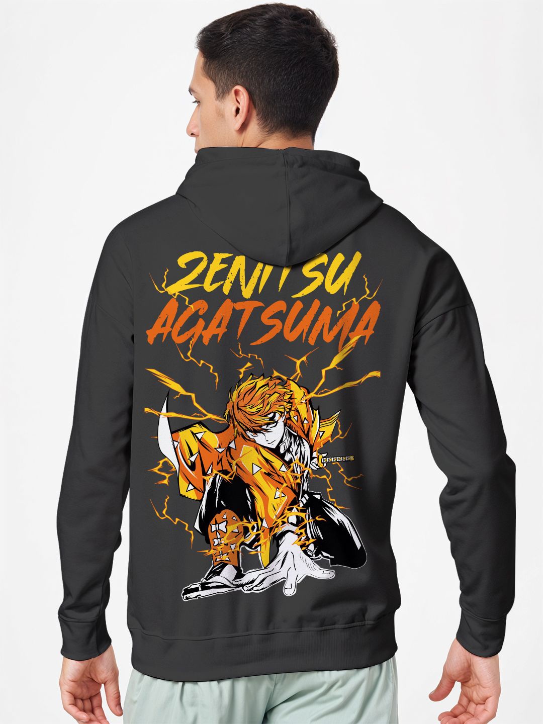 

Crazymonk Printed Anime Demon Slayer Zenistu Thunder Flash Oversized Fit Hooded Sweatshirt, Black