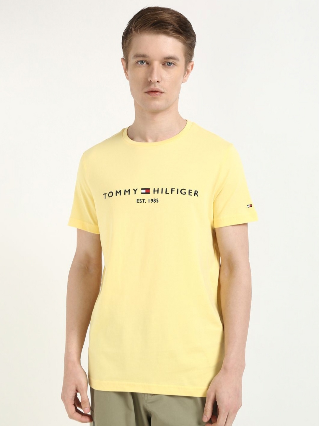 

Tommy Hilfiger Men fashion Typography Embroidered Cotton Casual Slim Fit T-shirt, Yellow