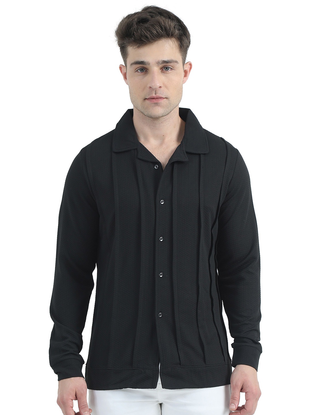 

ECOLINE Clothing Men Classic Cuban Collar Textured Casual Shirt, Black