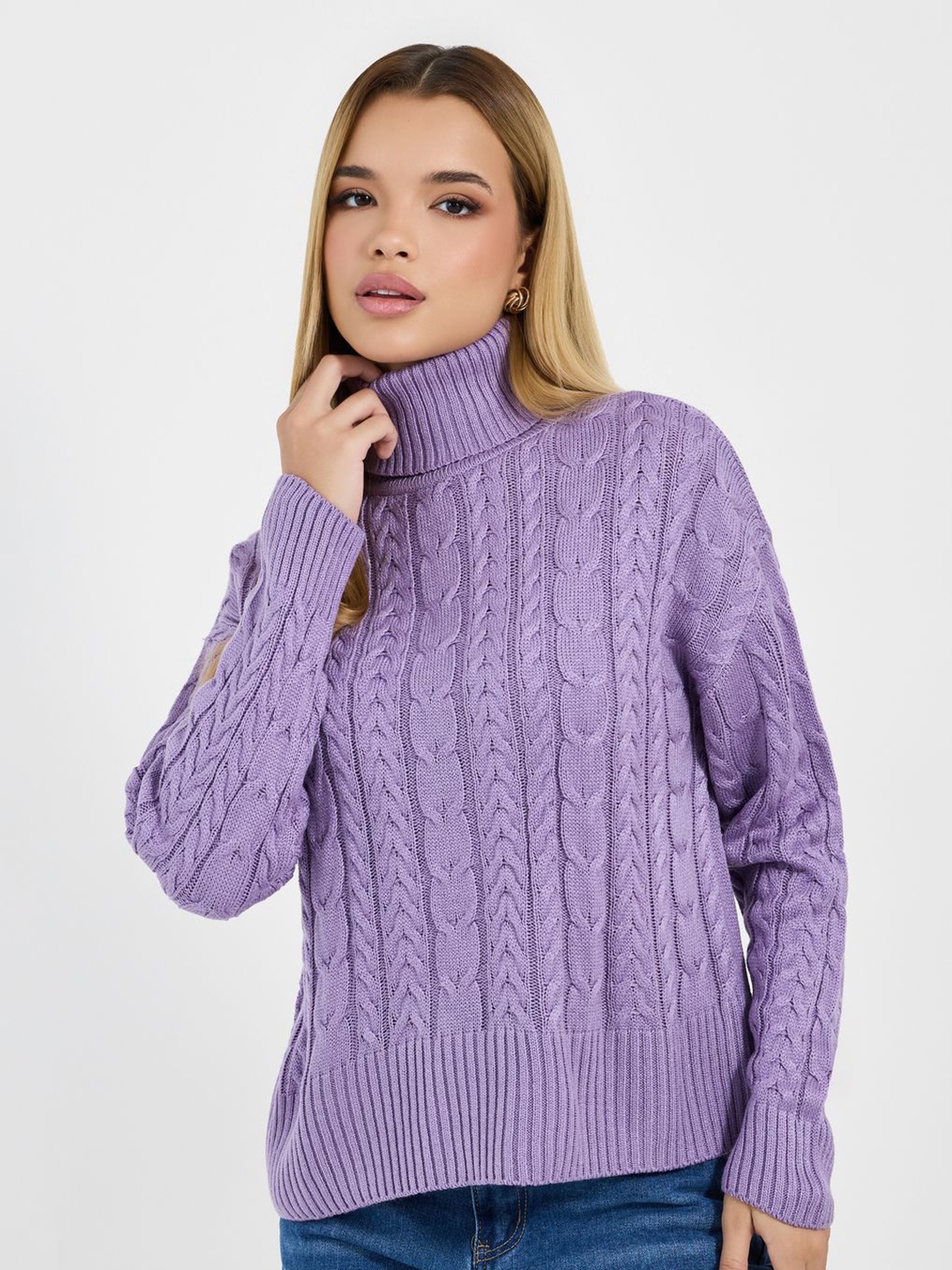 

Styli Women Turtle Neck Cable Knit Sweater, Purple