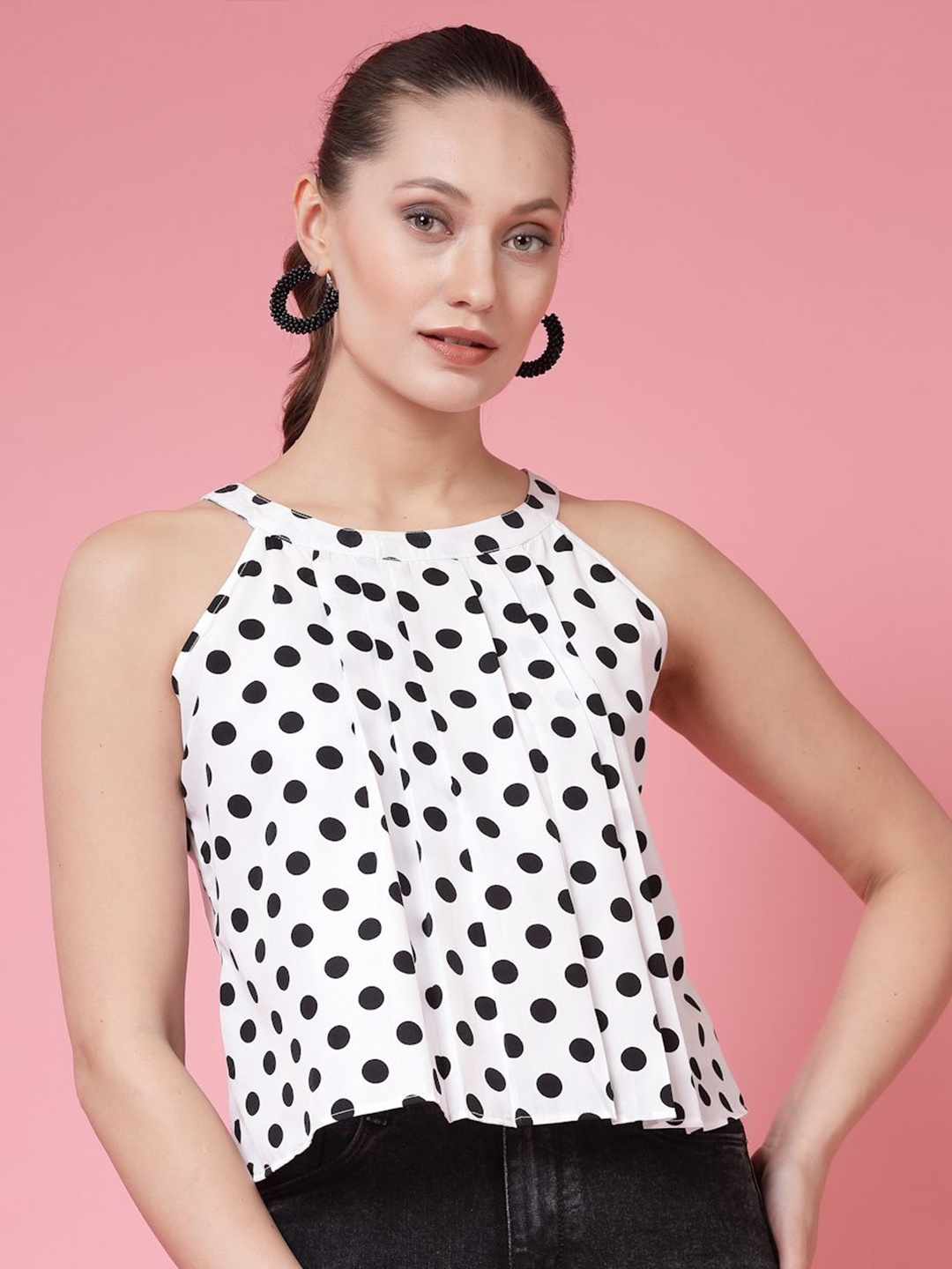 

BEING NAUGHTY Polka Dot Printed Halter Neck A-Line Crop Top, White