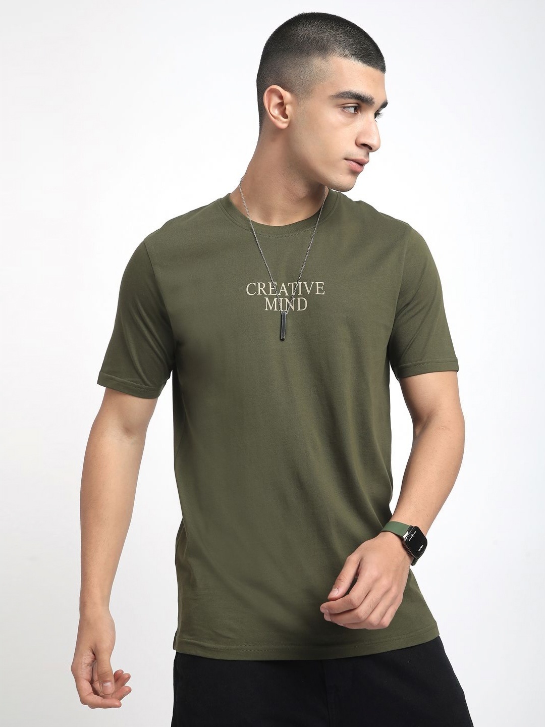 

R&B Men Typography Printed Round Neck Cotton T-shirt, Olive