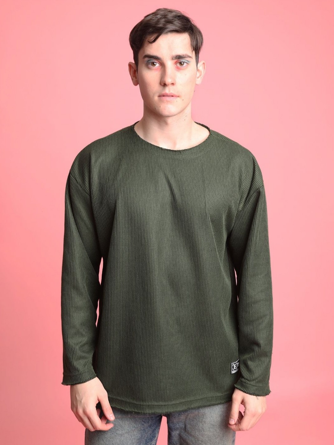 

Bene Kleed Men Self Design Oversized T-shirt, Olive