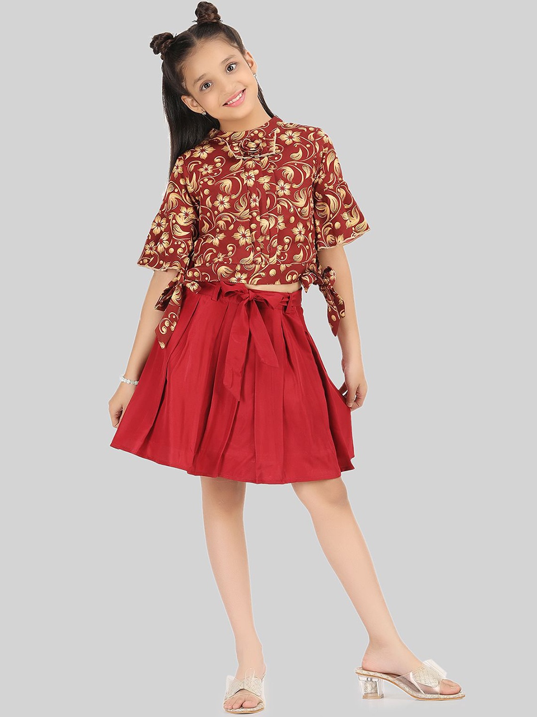 

BEING NAUGHTY Girls Printed Short Sleeves Top With Skirt, Red