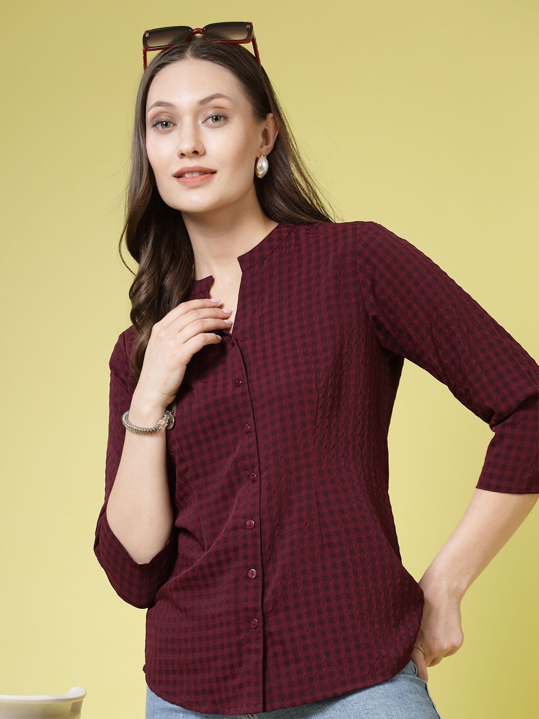 

BEING NAUGHTY Women Comfort Band Collar Textured Casual Shirt, Purple