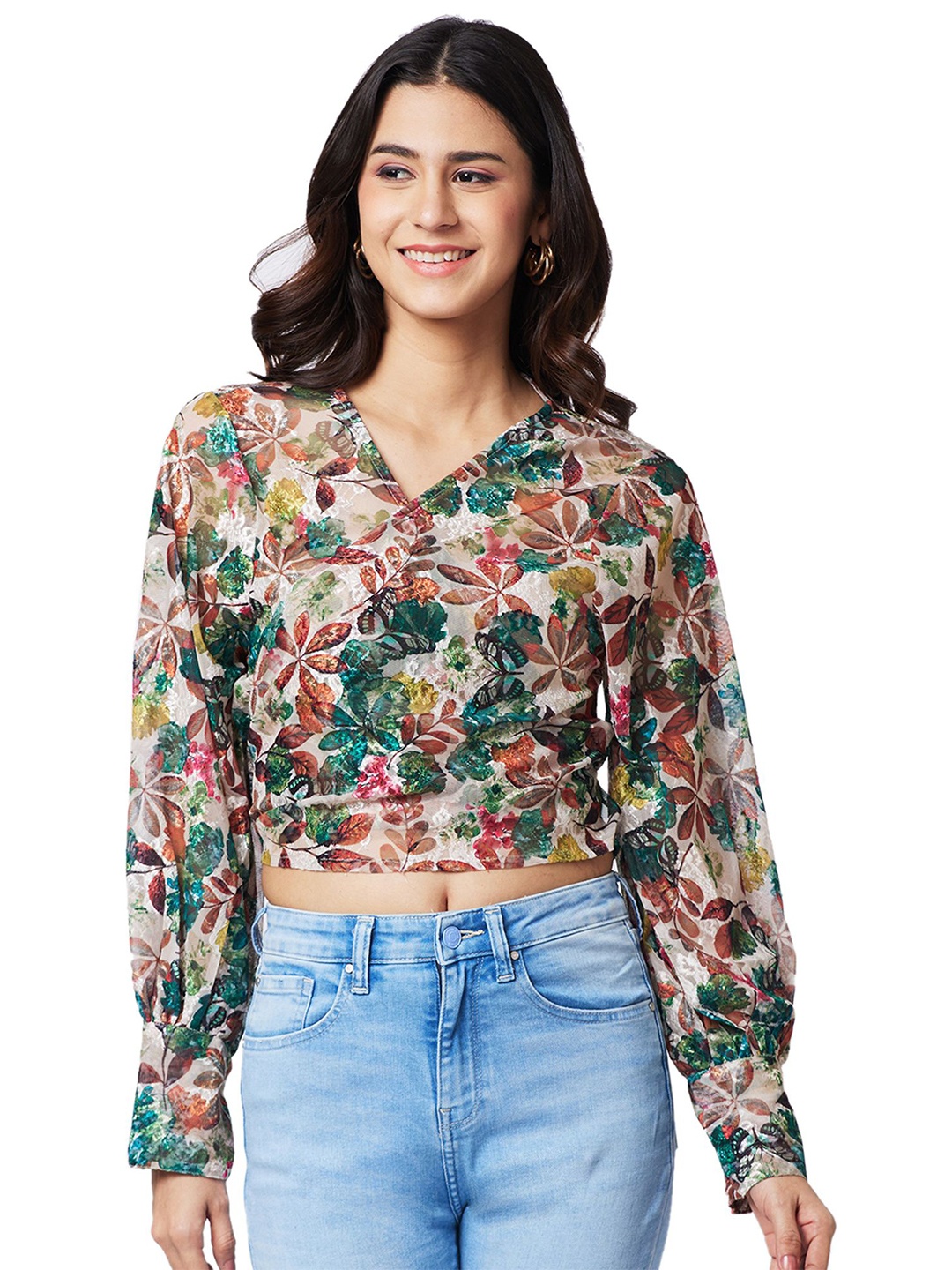 

IZEL Women Floral Printed Wrap Crop Top, Beige