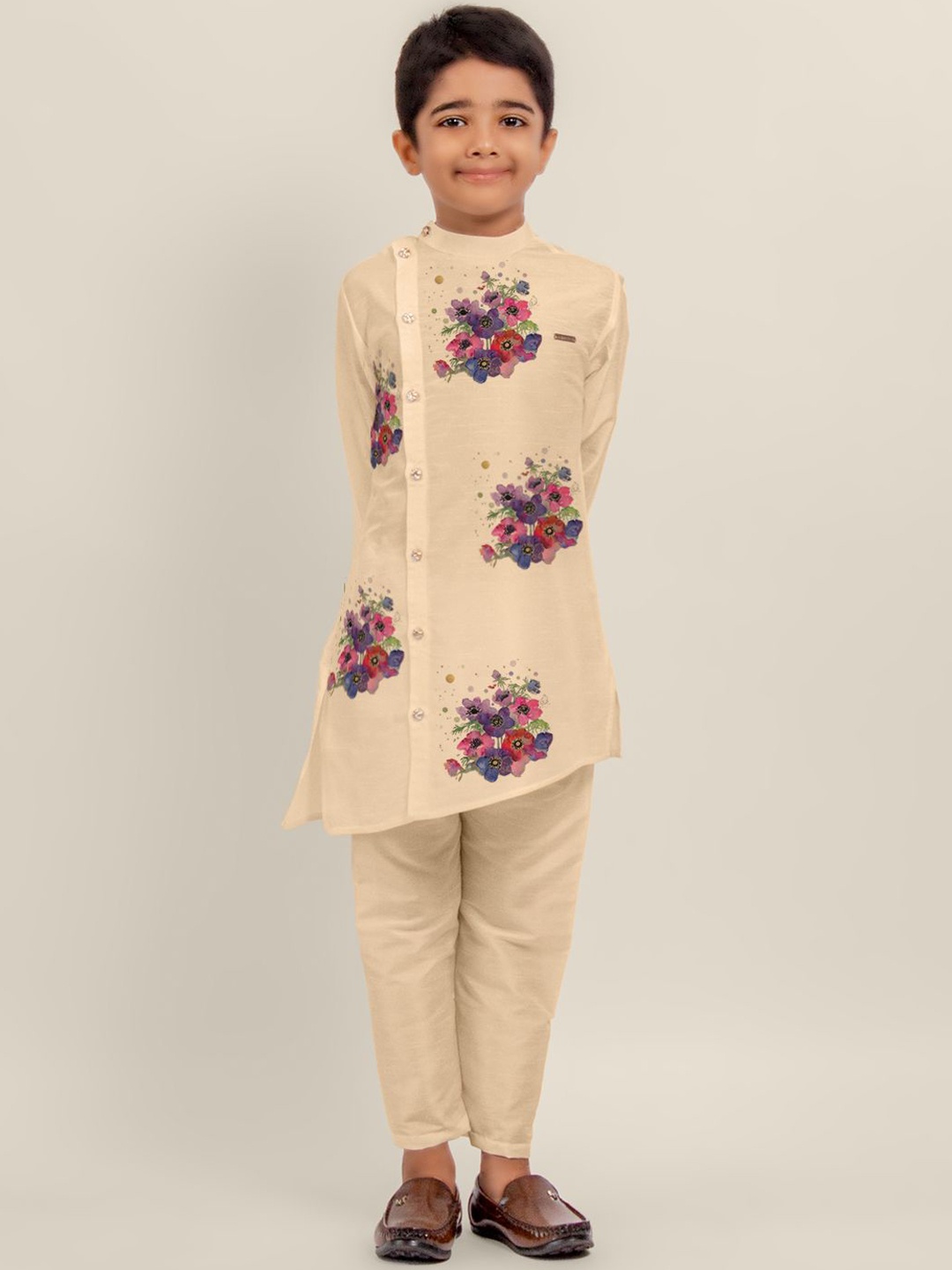 

DEVOILER Boys Ethnic Motifs Printed Thread Work Kurta, Beige