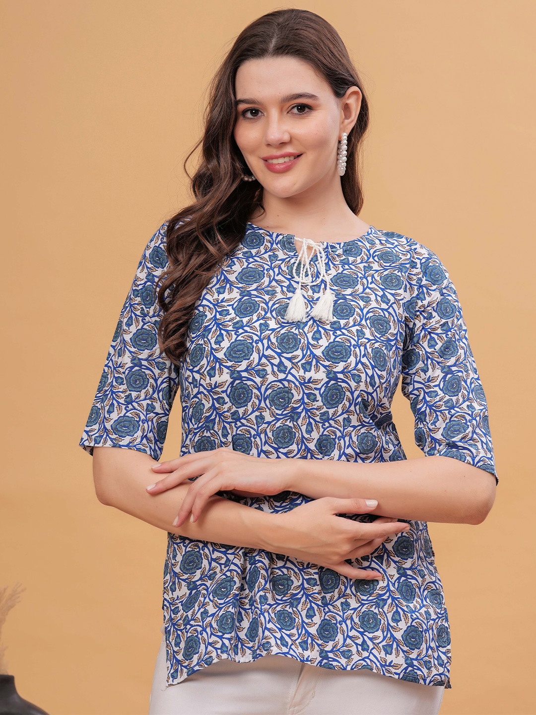 

CHIRAAI Women Floral Printed Cotton Tie-Up Neck Top, Blue