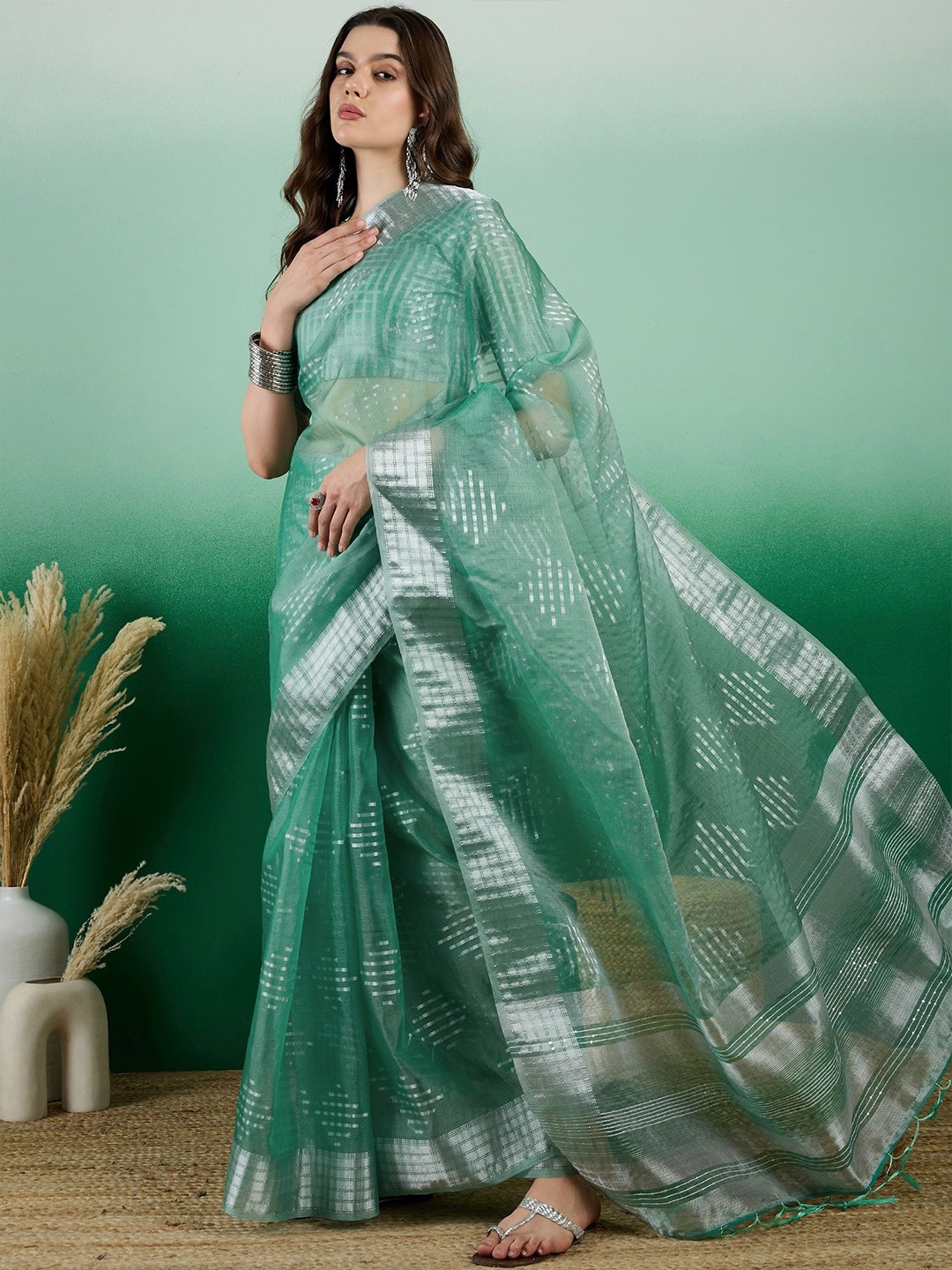 

Kalista Checked Zari Organza Banarasi Saree, Sea green