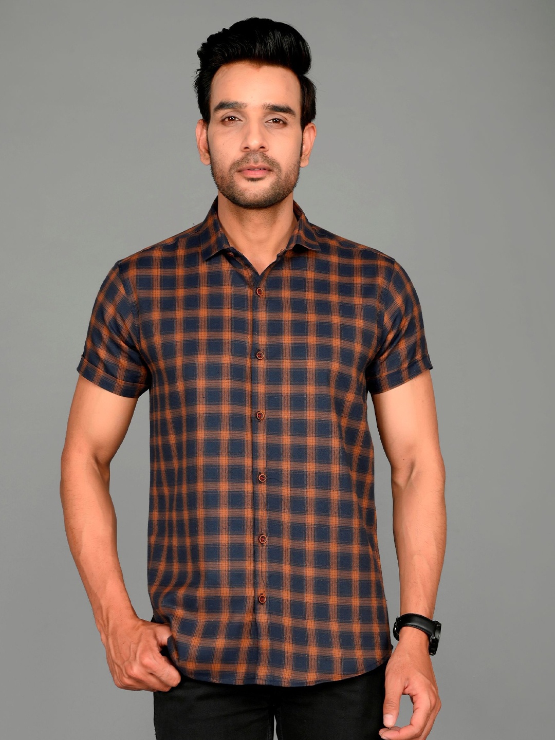 

Tanip Men Checked Comfort Fit Cotton Casual Shirt, Navy blue