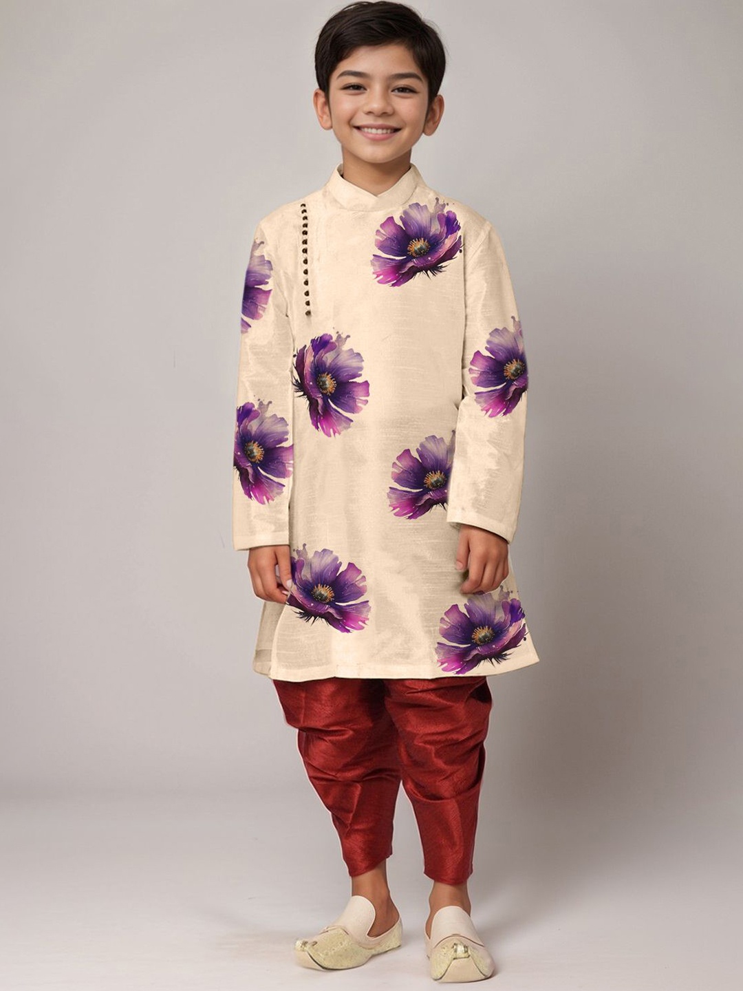 

DEVOILER Boys Ethnic Motifs Printed Patchwork Kurta, Beige