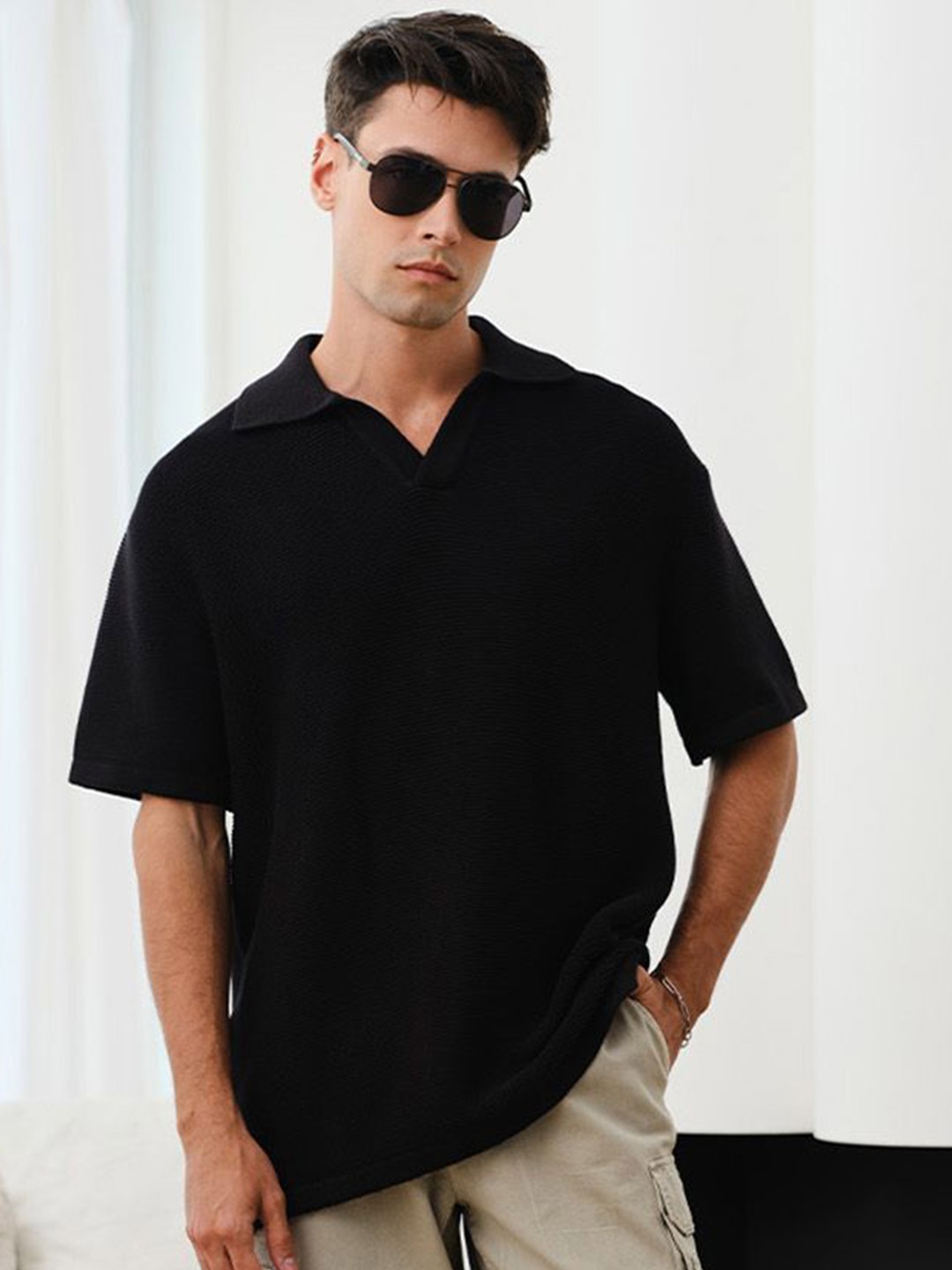 

Bonkers Corner Men Cotton Self Design Oversized T-shirt, Black