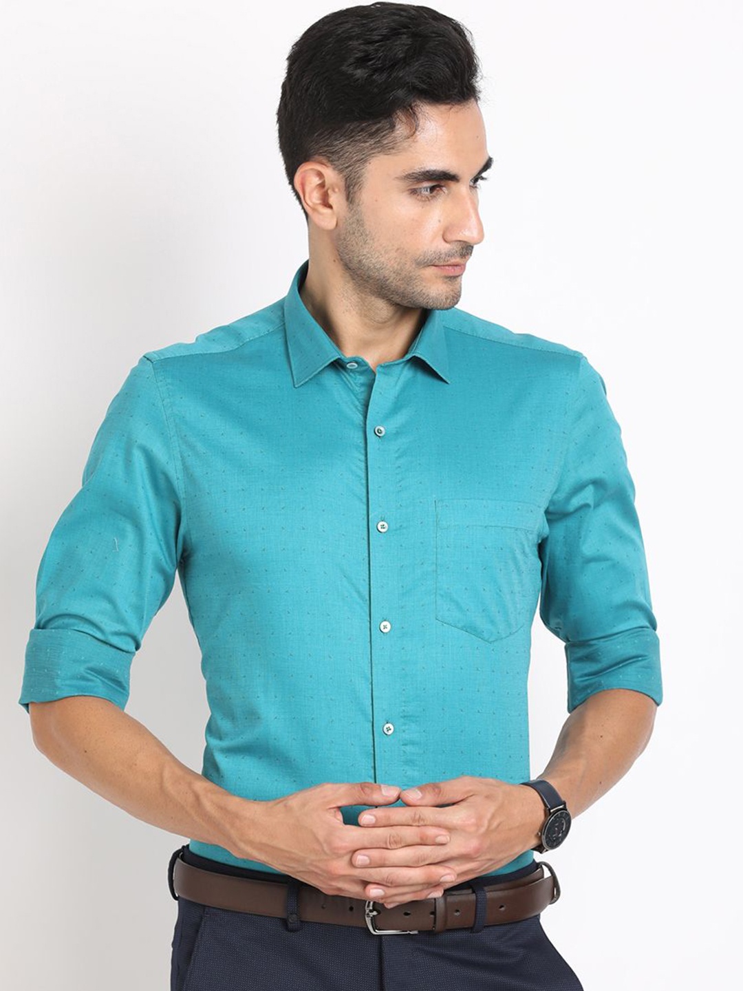 

Turtle Men Standard Spread Collar Micro Ditsy Printed Cotton Formal Shirt, Turquoise blue