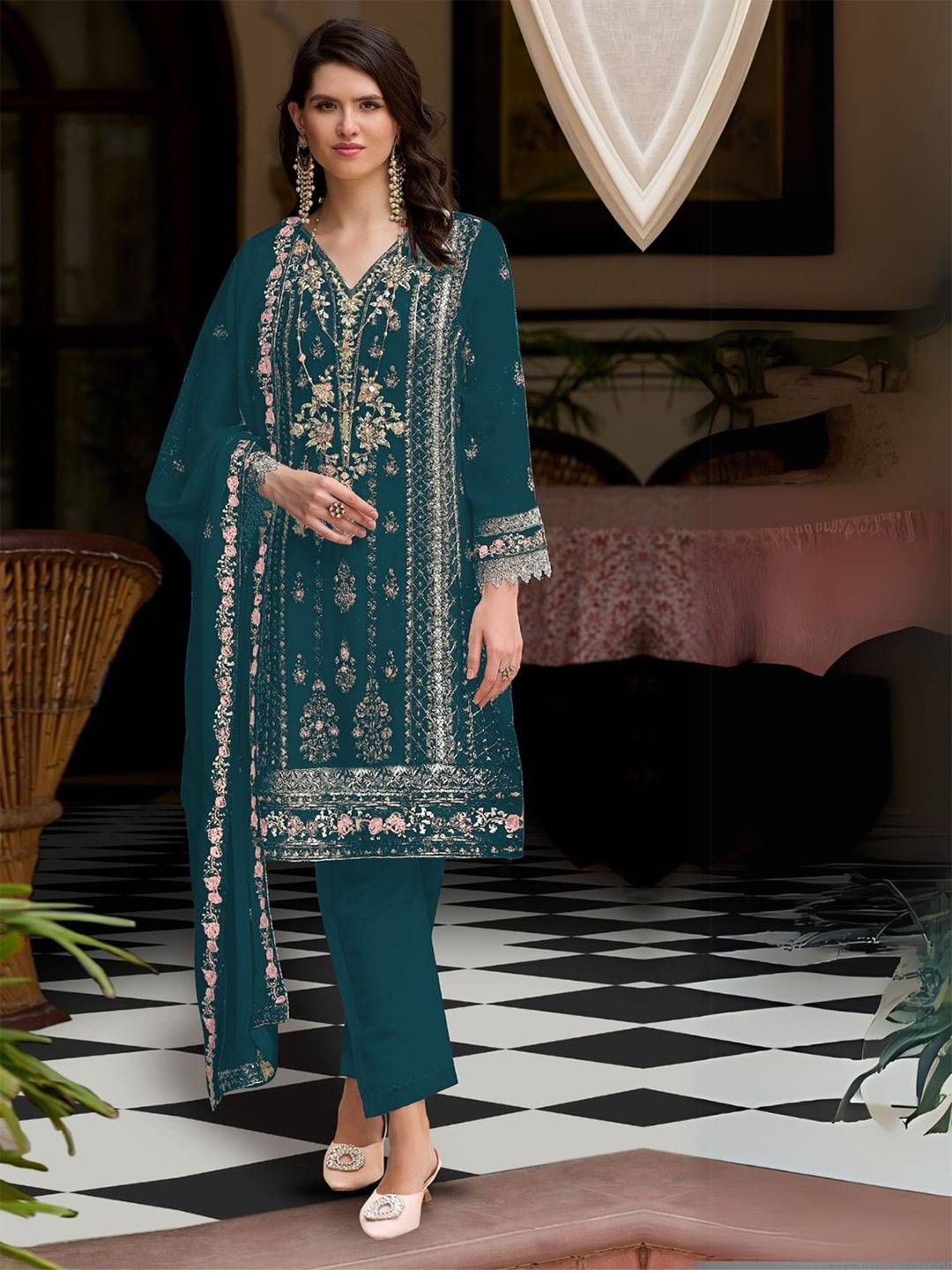 

ODETTE Ethnic Motifs Embroidered Thread Work Kurta with Trouser & Dupatta, Teal