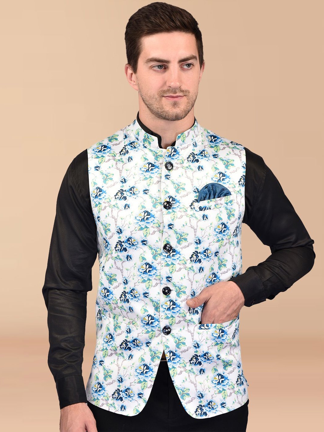 

PRINTINDIA Floral Printed Nehru Jacket, Blue