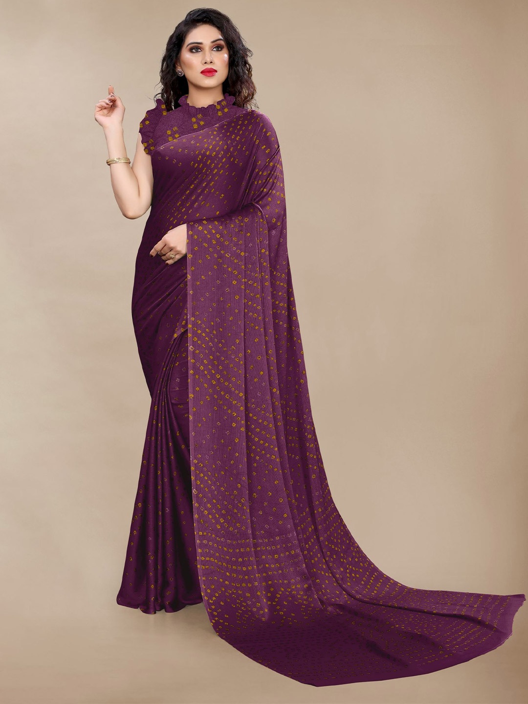 

KALINI Bandhani Block Print Saree, Purple