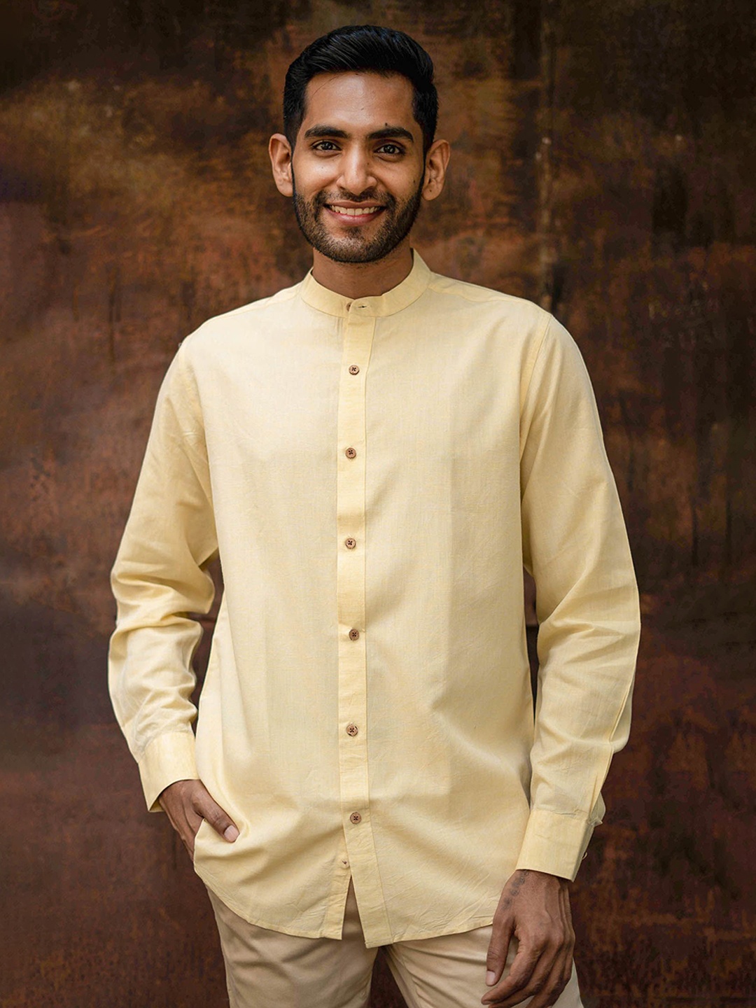 

Earthy Route Men Comfort Band Collar Solid Casual Shirt, Yellow