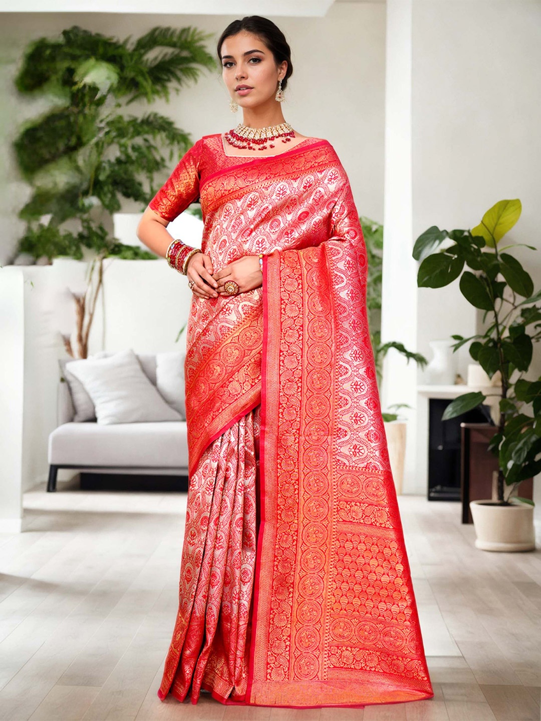 

Anouk Ethnic Motifs Zari Kanjeevaram Saree, Pink