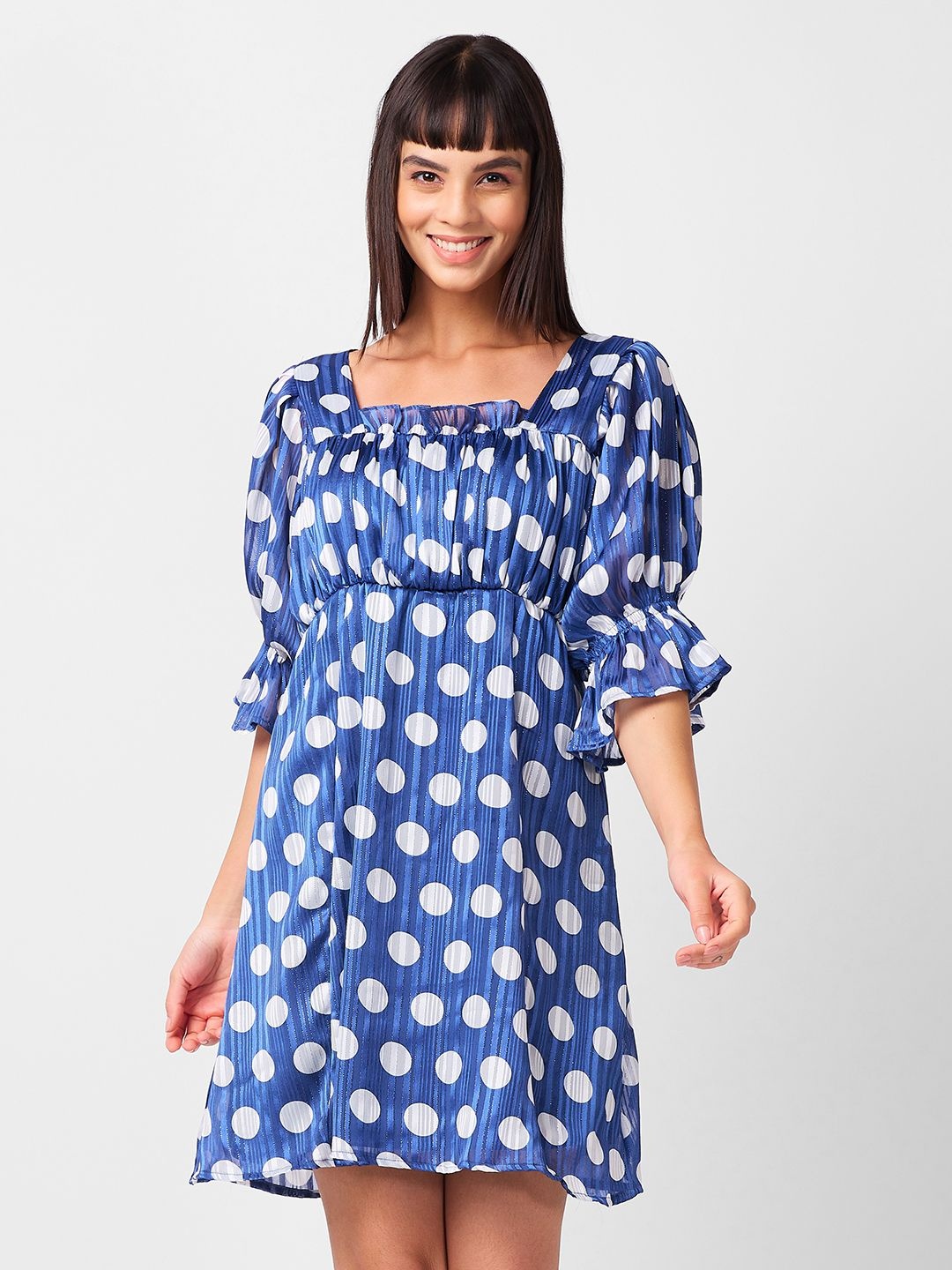 

IZEL Women Polka Dot Printed Square Neck Puff Sleeve Empire Dress, Blue