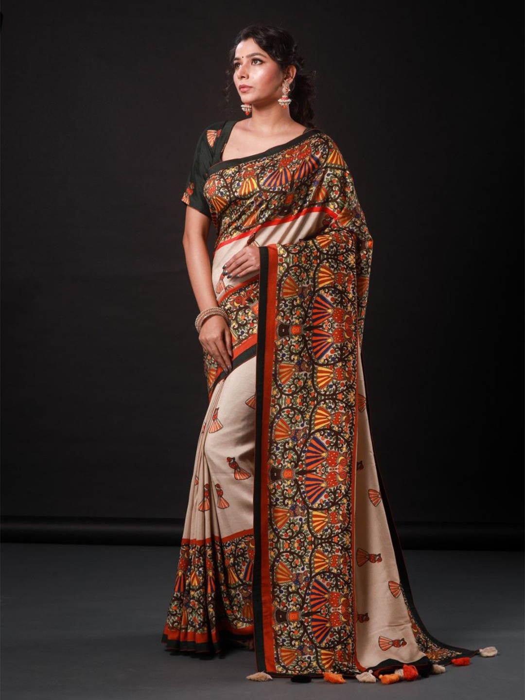 

House of Deepthi Ethnic Motifs Printed Saree, Cream