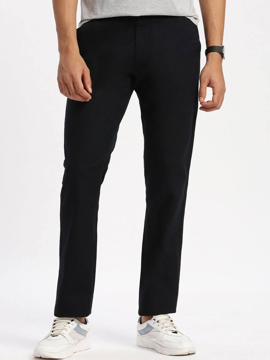 

Grit and Flair Men Regular Fit Mid-Rise Cotton Trousers, Navy blue