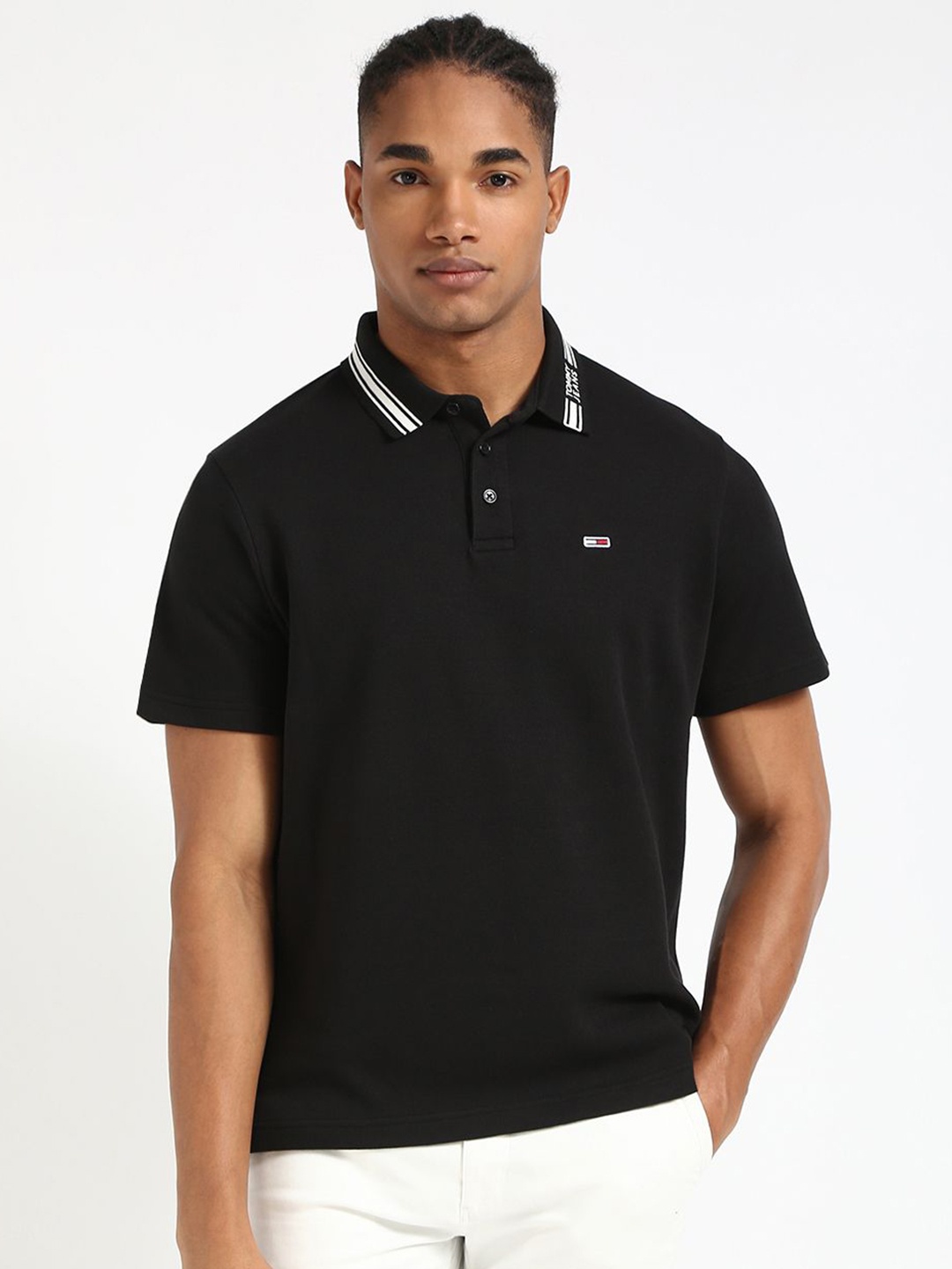 

Tommy Hilfiger Men Solid Polo Collar Pure Cotton T-shirt, Black