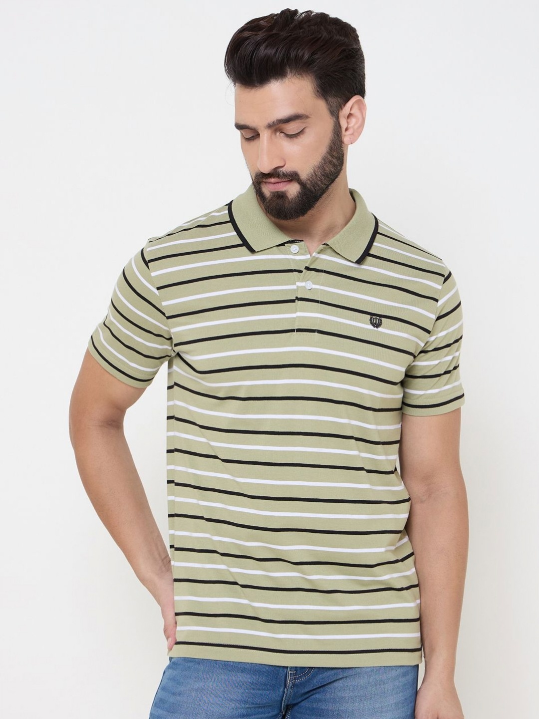 

Duke Men Striped Polo Collar Cotton T-shirt, Green