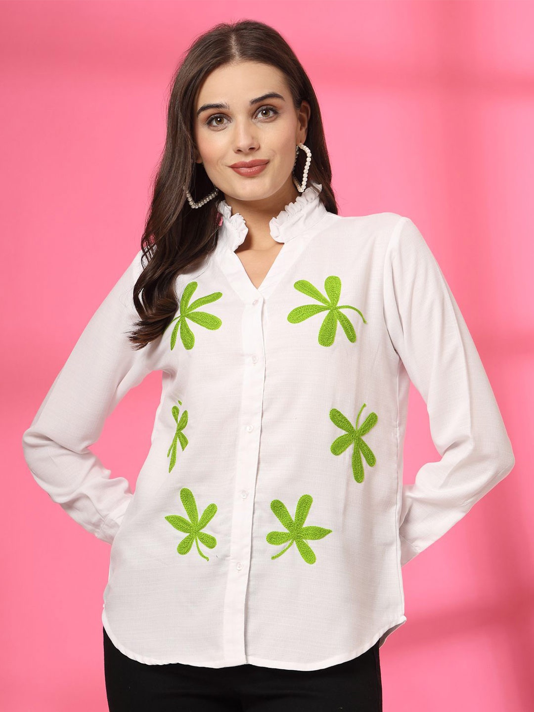

plusS Women Mandarin Colllar Floral Printed Cotton Casual Shirt, White