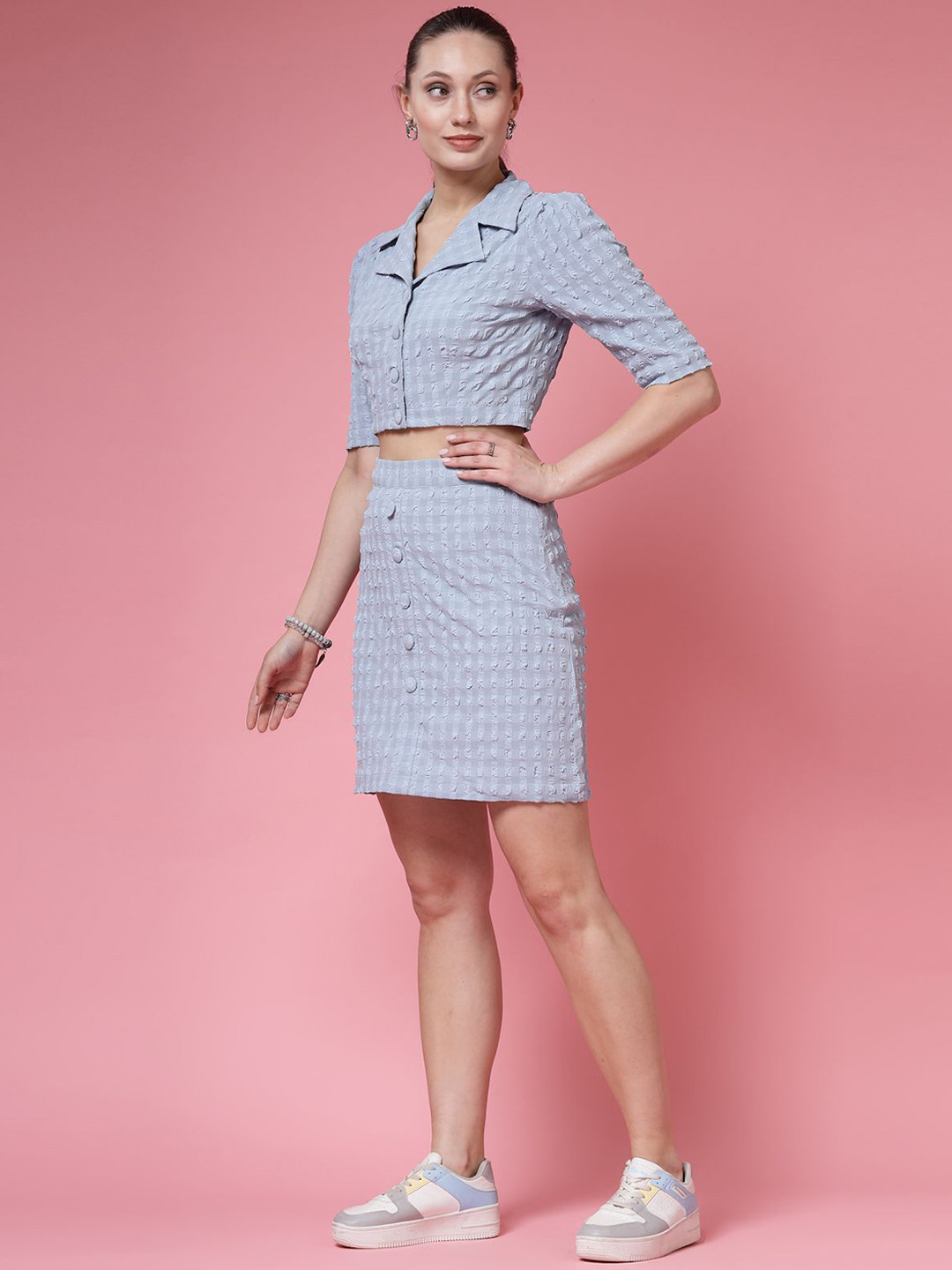 

BEING NAUGHTY Self Design Shirt Collar Short Sleeves Shirt With Skirt, Blue
