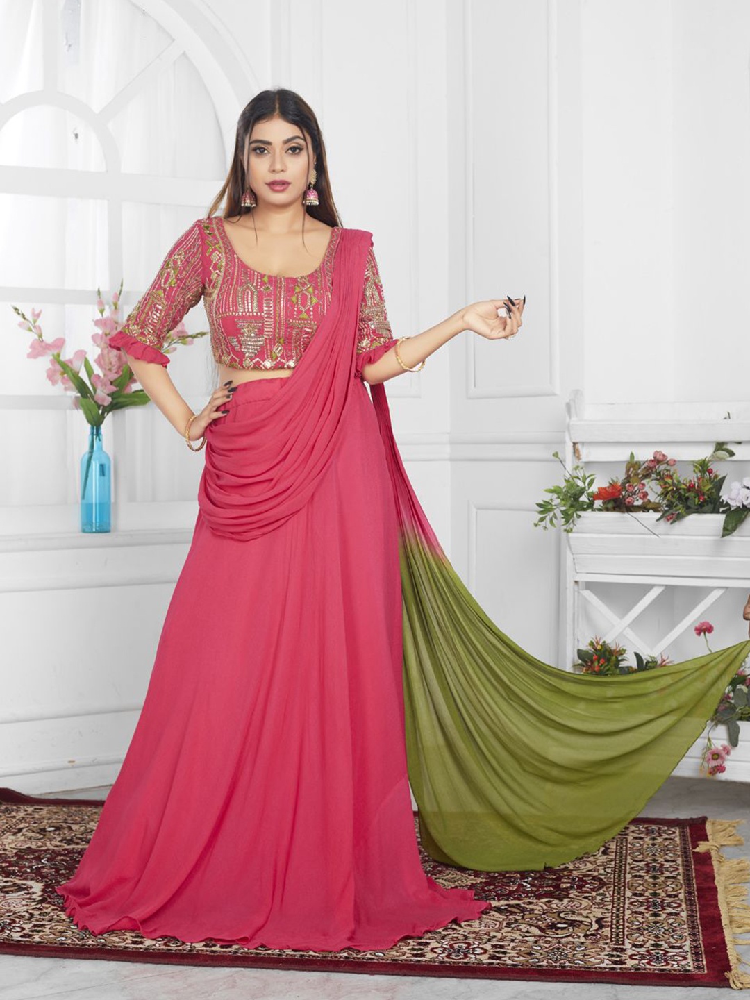 

EVASTRO Ethnic Motifs Embroidered Lehenga Saree, Pink
