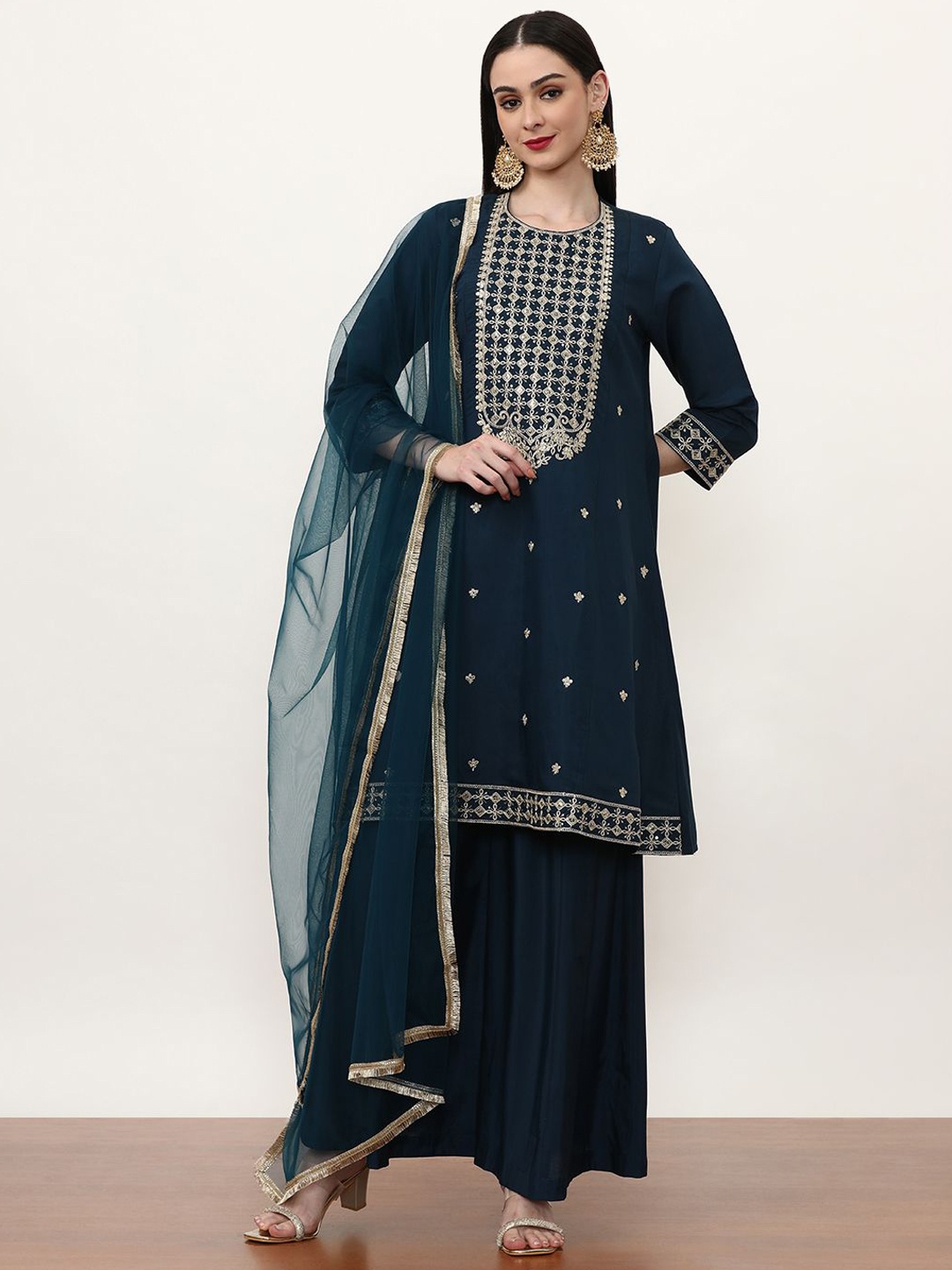 

Jaipur Kurti Teal Blue Ethnic Motifs Embroidered Straight Kurta With Sharara & Dupatta