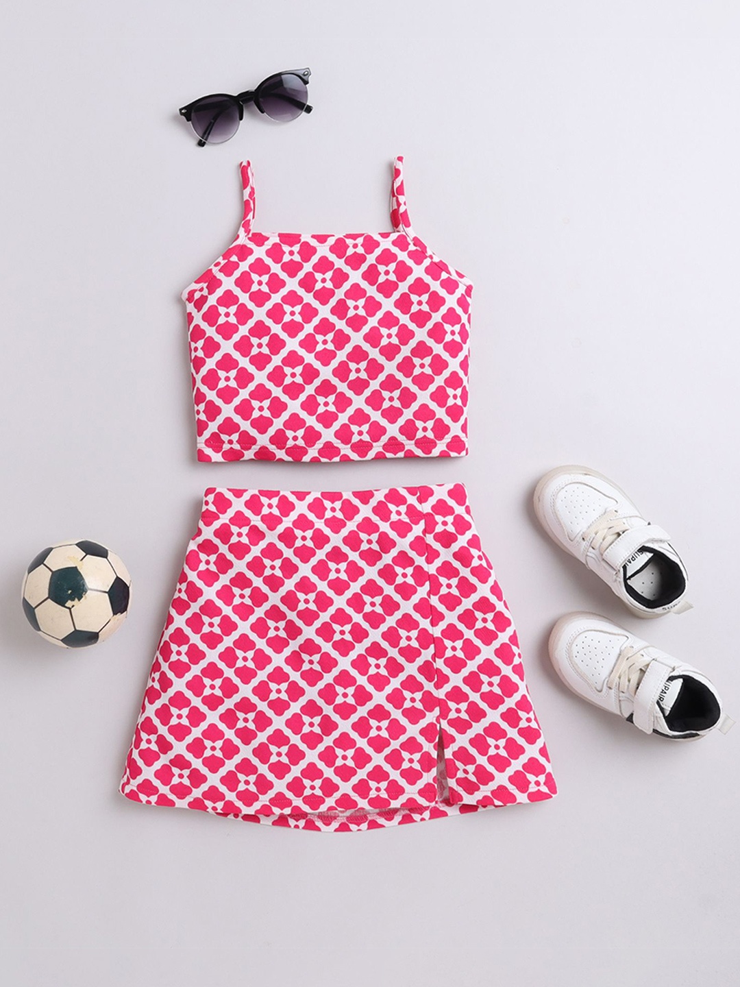 

taffykids Girls Printed Shoulder Straps Sleeveless Top With Skirt, Pink
