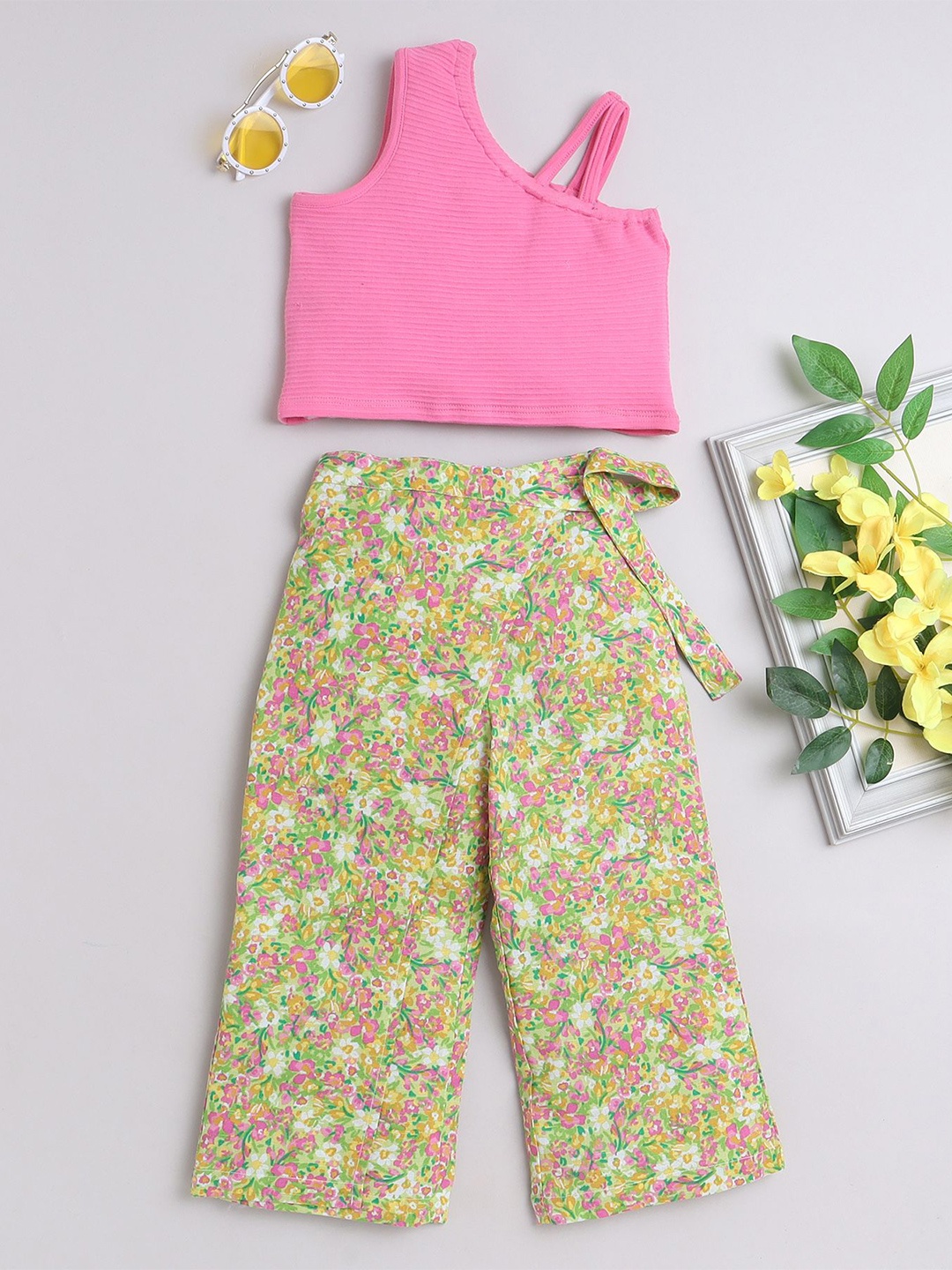 

taffykids Girls Striped One Shoulder Pure Cotton Crop Top with Wrap Trousers, Pink