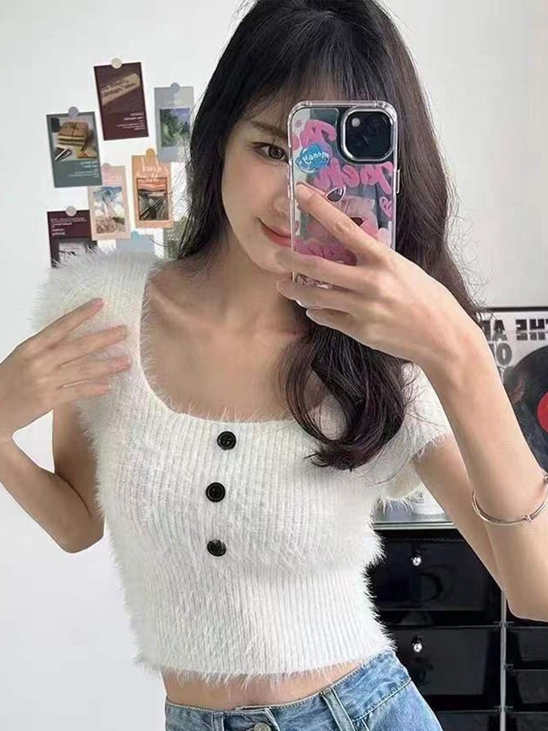 

StyleCast Women Square Neck Short Sleeves Woollen Crop Sweater, White